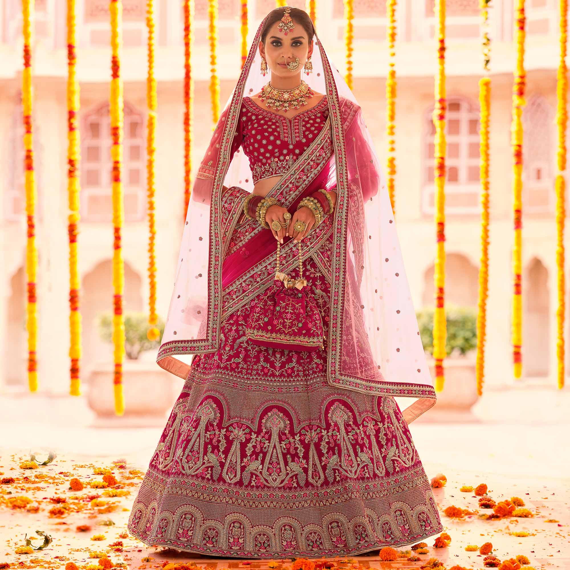 Pink Wedding Wear Heavy Embroidered Velvet Lehenga Choli - Peachmode