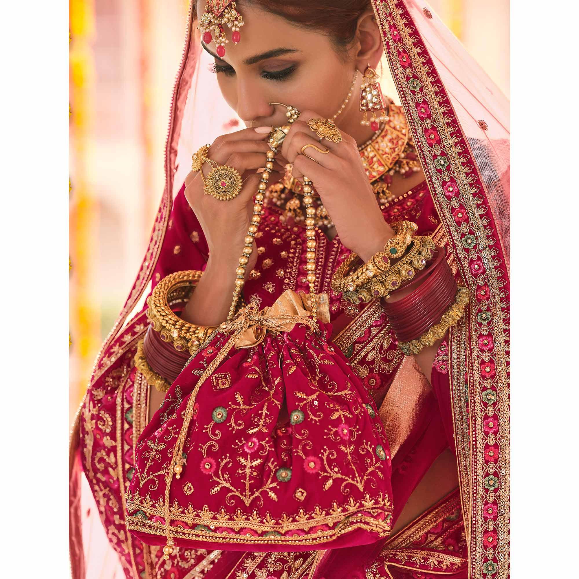 Pink Wedding Wear Heavy Embroidered Velvet Lehenga Choli - Peachmode