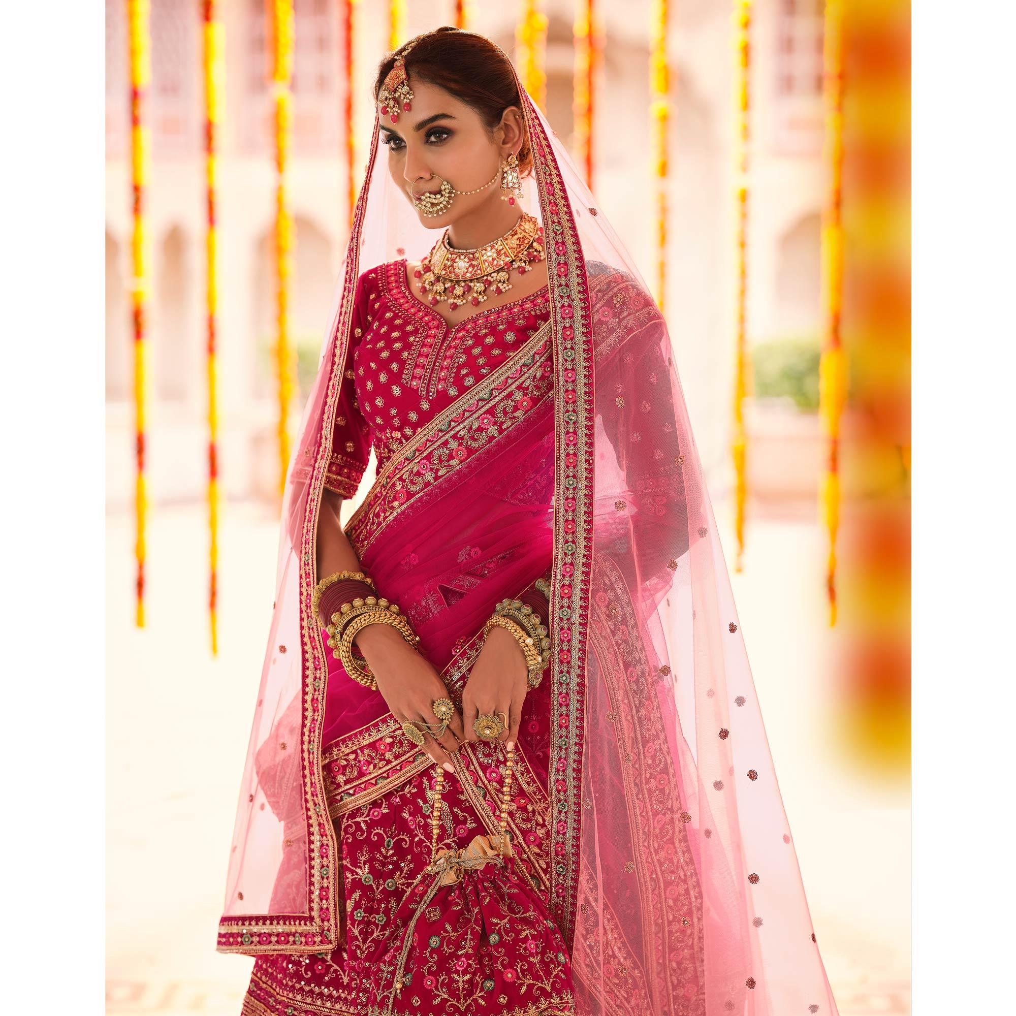 Pink Wedding Wear Heavy Embroidered Velvet Lehenga Choli - Peachmode