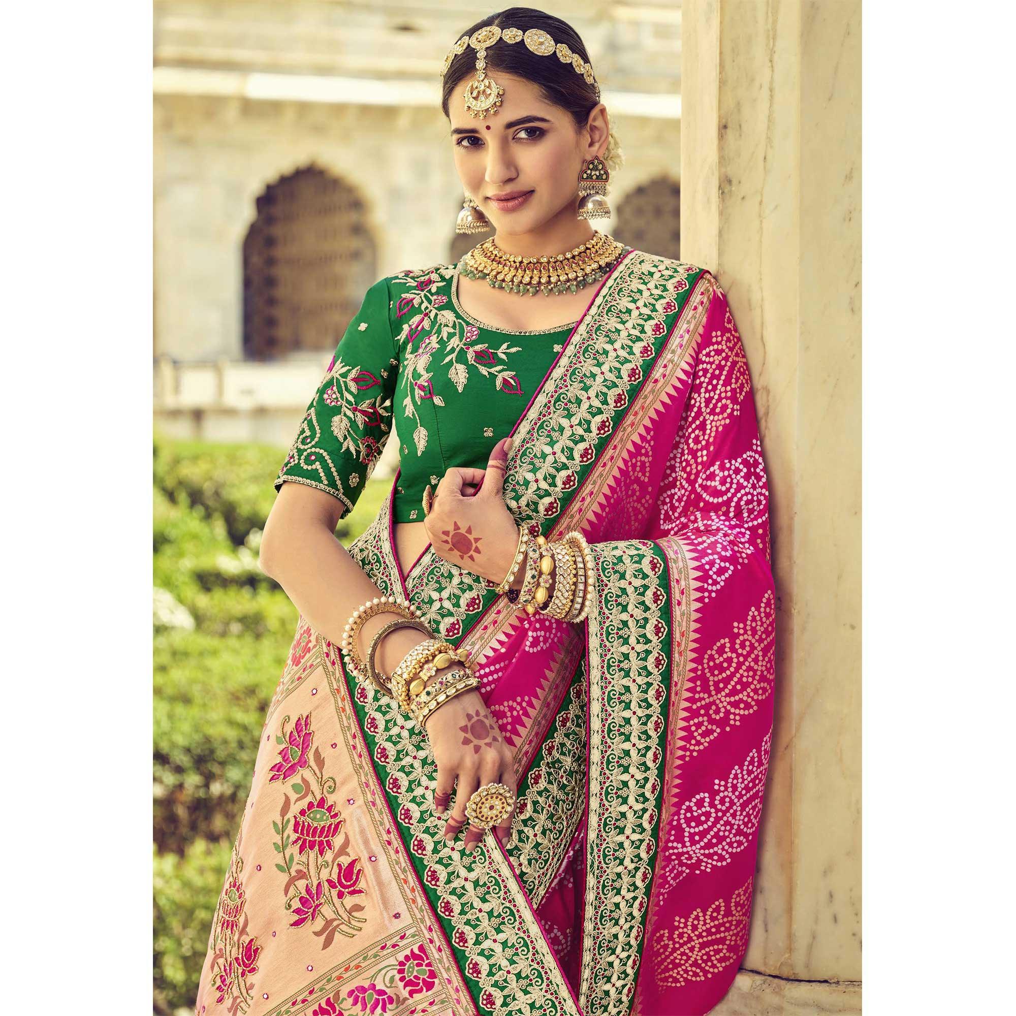 Pink Wedding Wear Resham With Embellished Silk Bhandhani Patola Saree - Peachmode