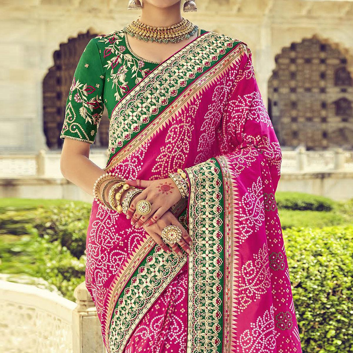 Pink Wedding Wear Resham With Embellished Silk Bhandhani Patola Saree - Peachmode