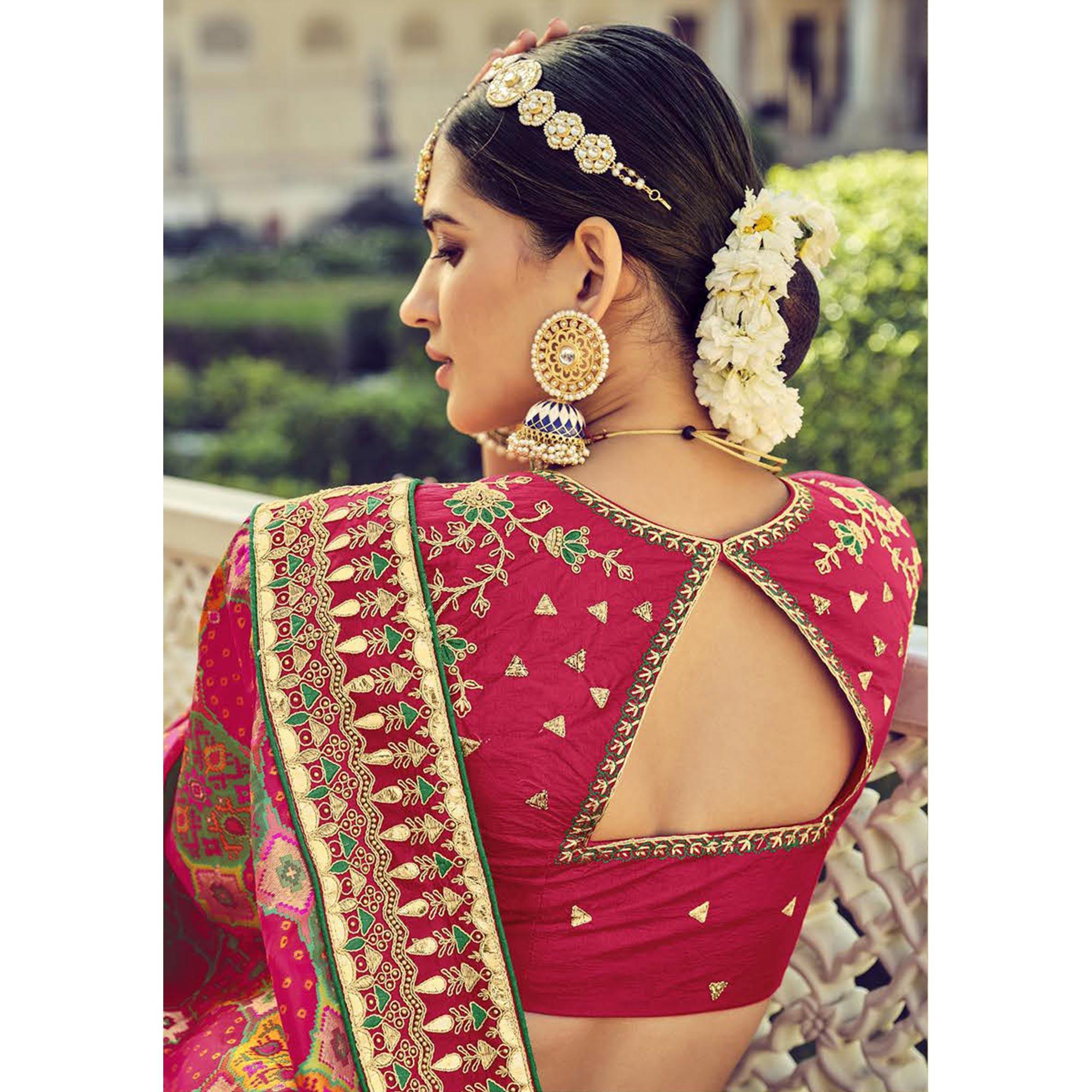 Pink Wedding Wear Resham With Embellished Silk Bhandhani Patola Saree - Peachmode