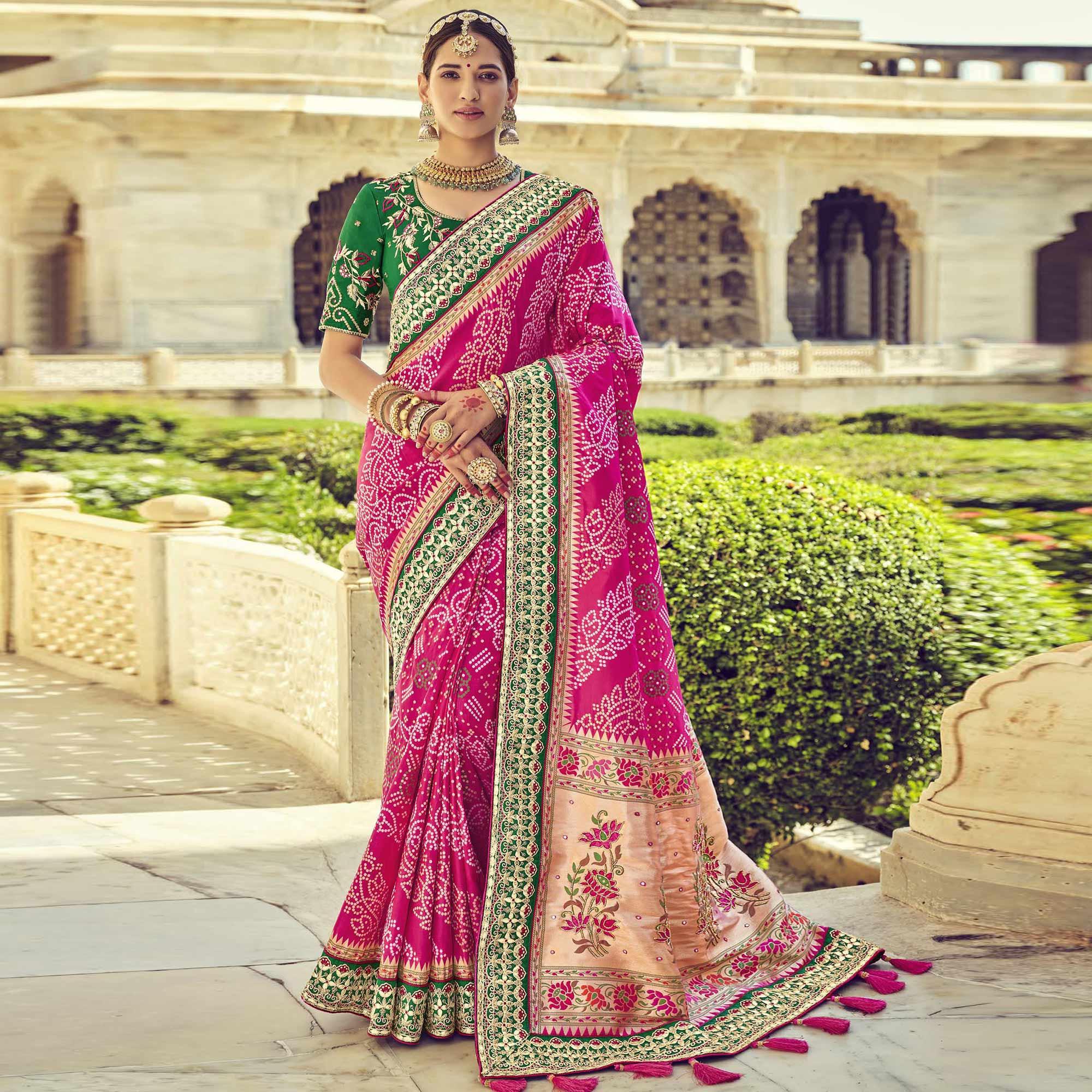 Pink Wedding Wear Resham With Embellished Silk Bhandhani Patola Saree - Peachmode
