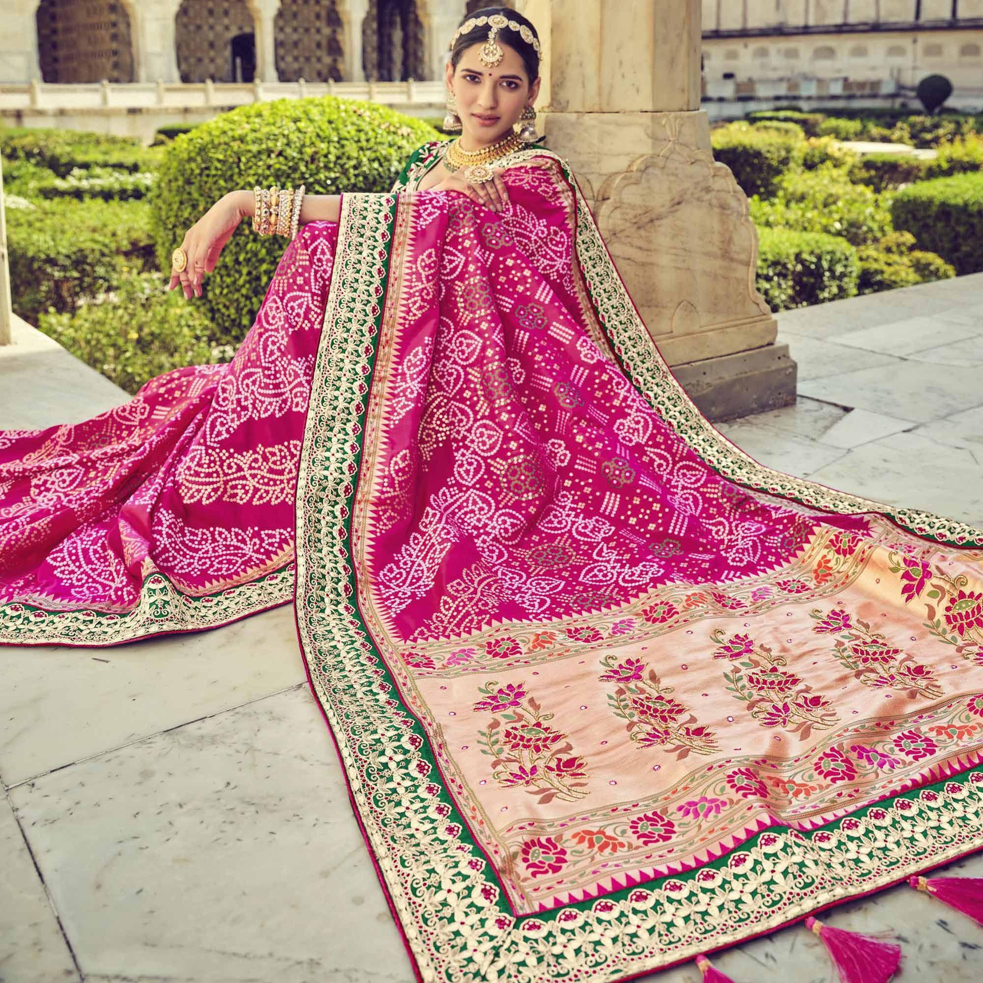 Pink Wedding Wear Resham With Embellished Silk Bhandhani Patola Saree - Peachmode