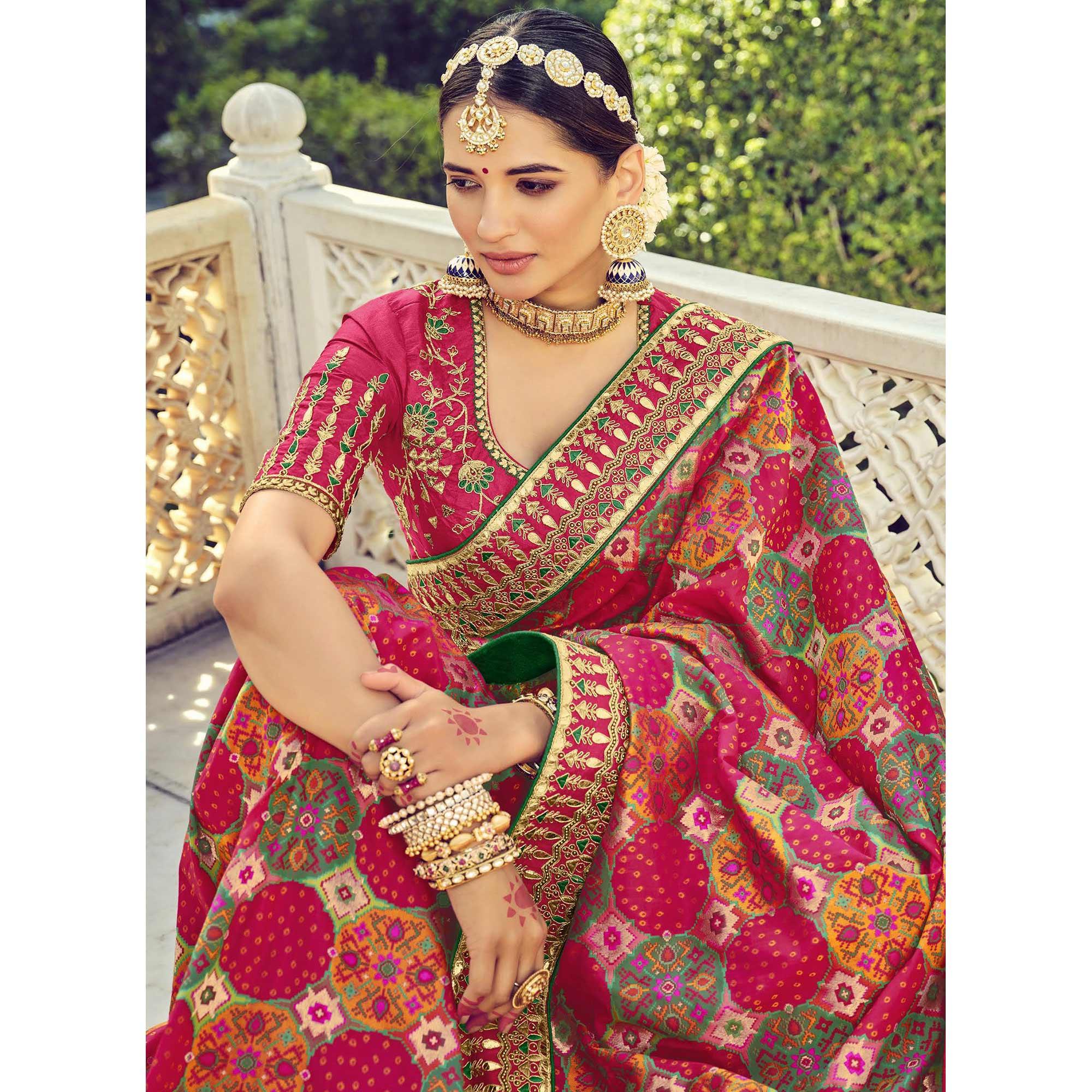 Pink Wedding Wear Resham With Embellished Silk Bhandhani Patola Saree - Peachmode