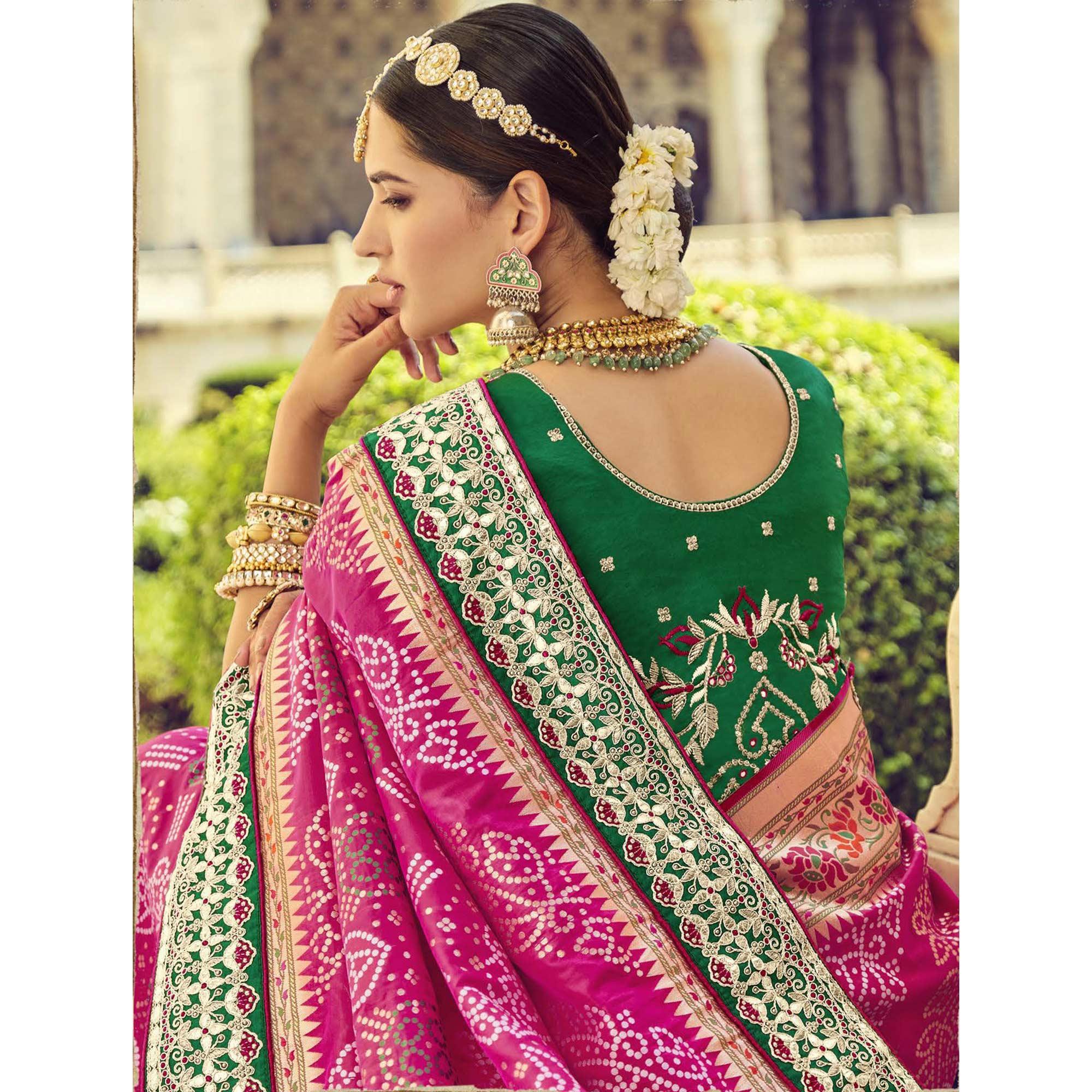 Pink Wedding Wear Resham With Embellished Silk Bhandhani Patola Saree - Peachmode