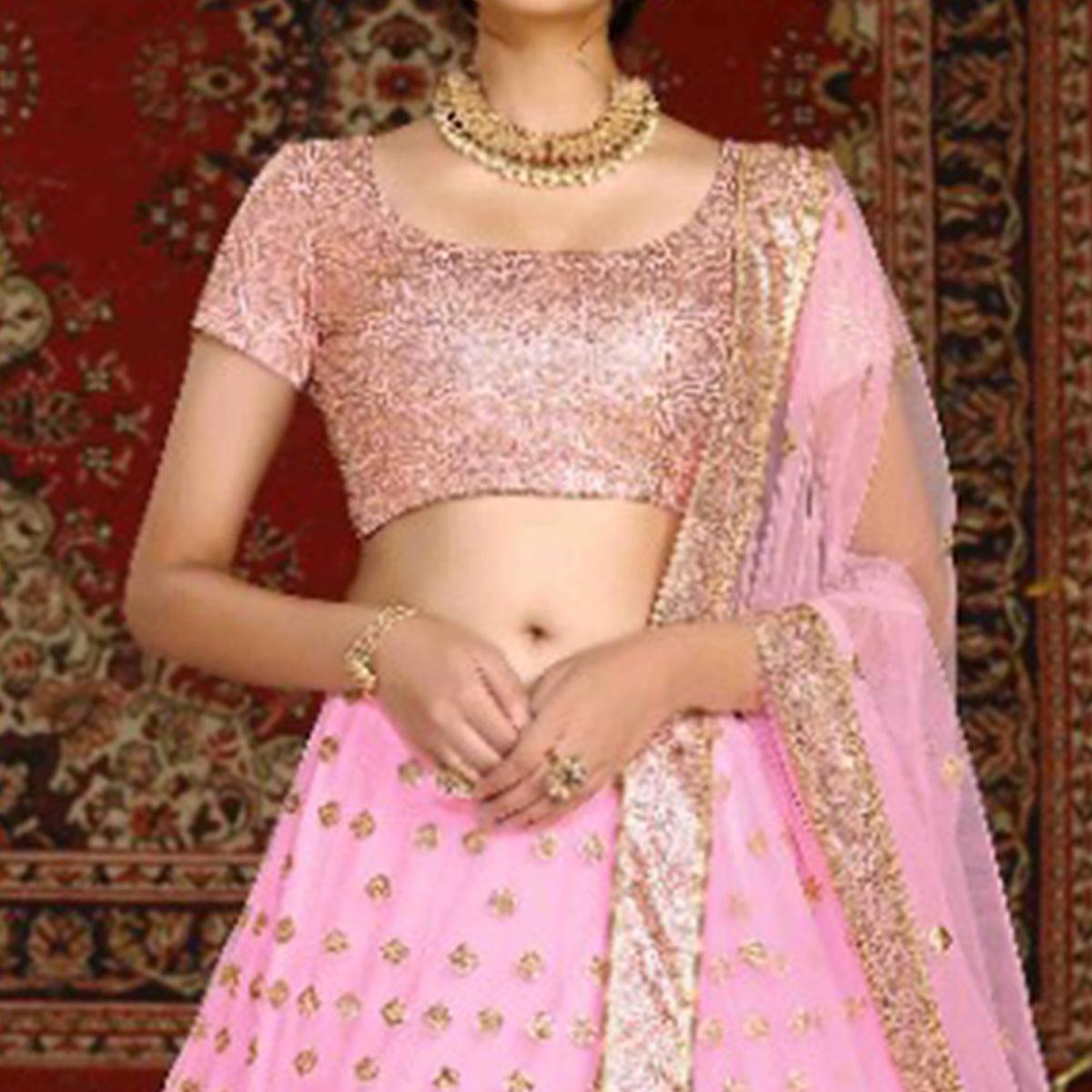 Pink Wedding Wear Sequence Embroidered Net Lehenga Choli - Peachmode