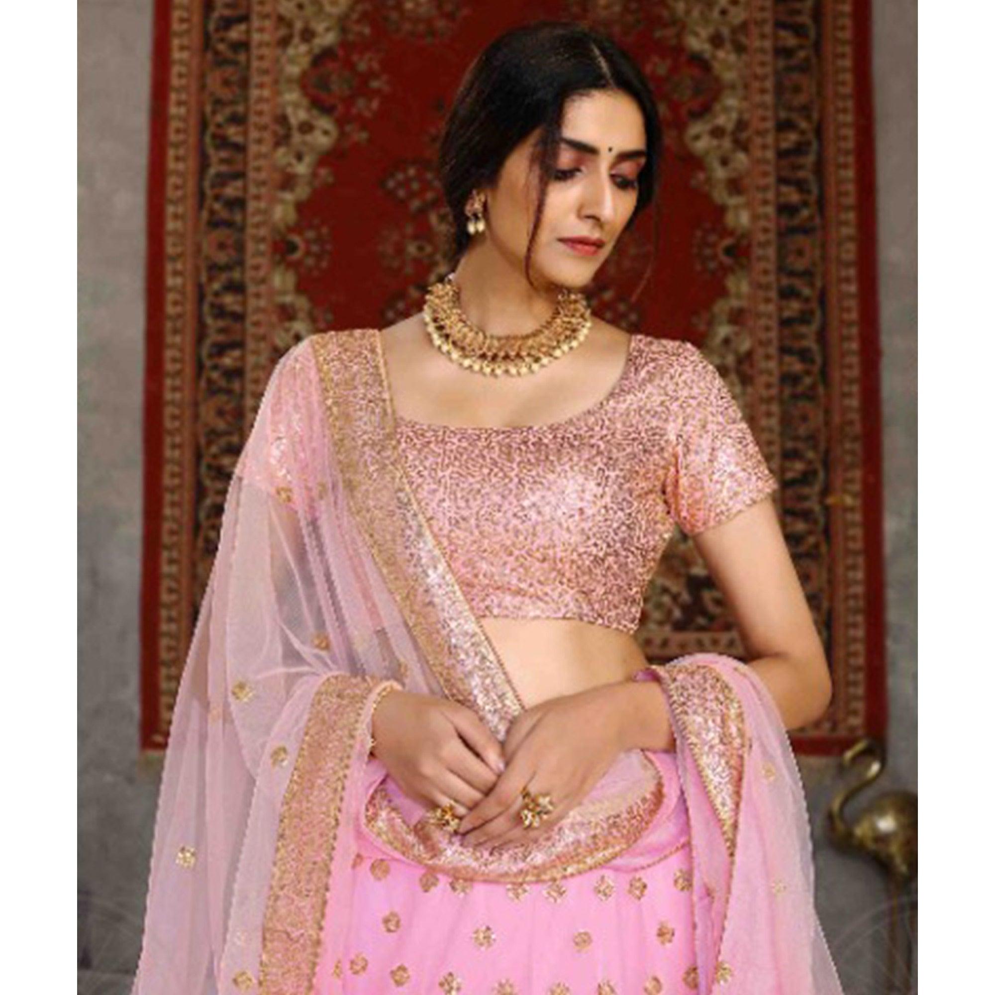 Pink Wedding Wear Sequence Embroidered Net Lehenga Choli - Peachmode