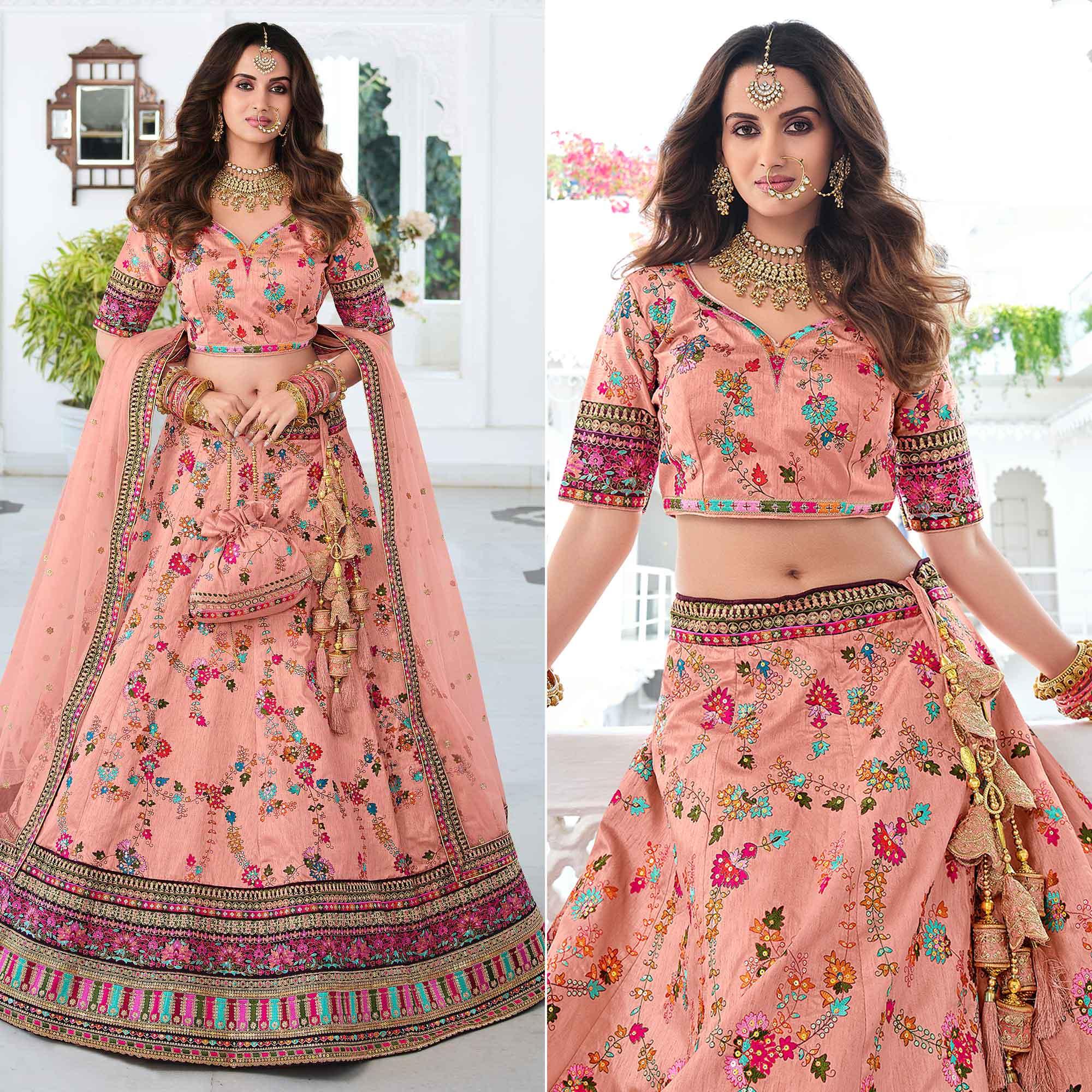 Pink Wedding Wear Sequence Floral Embroidered Silk Lehenga Choli - Peachmode