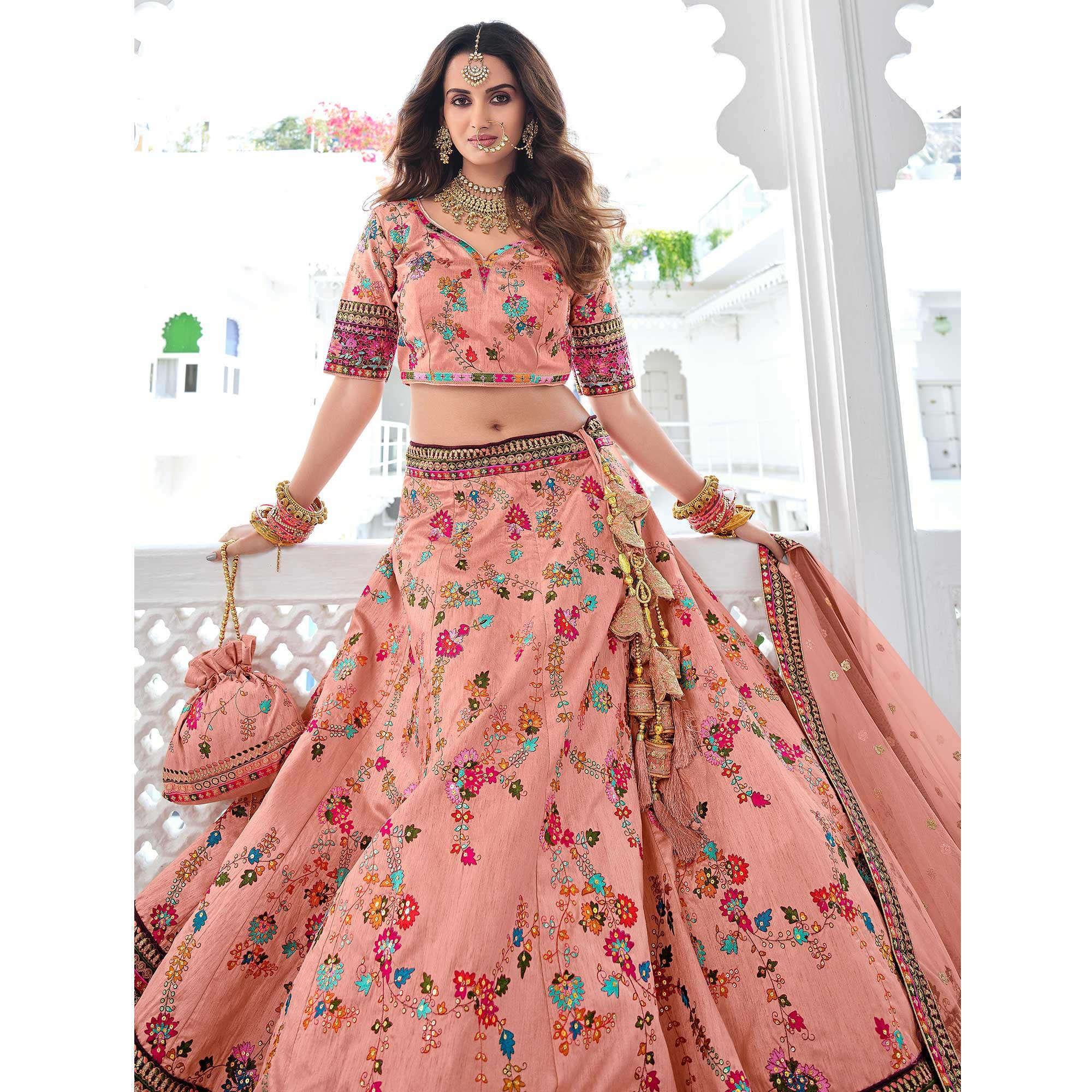 Pink Wedding Wear Sequence Floral Embroidered Silk Lehenga Choli - Peachmode