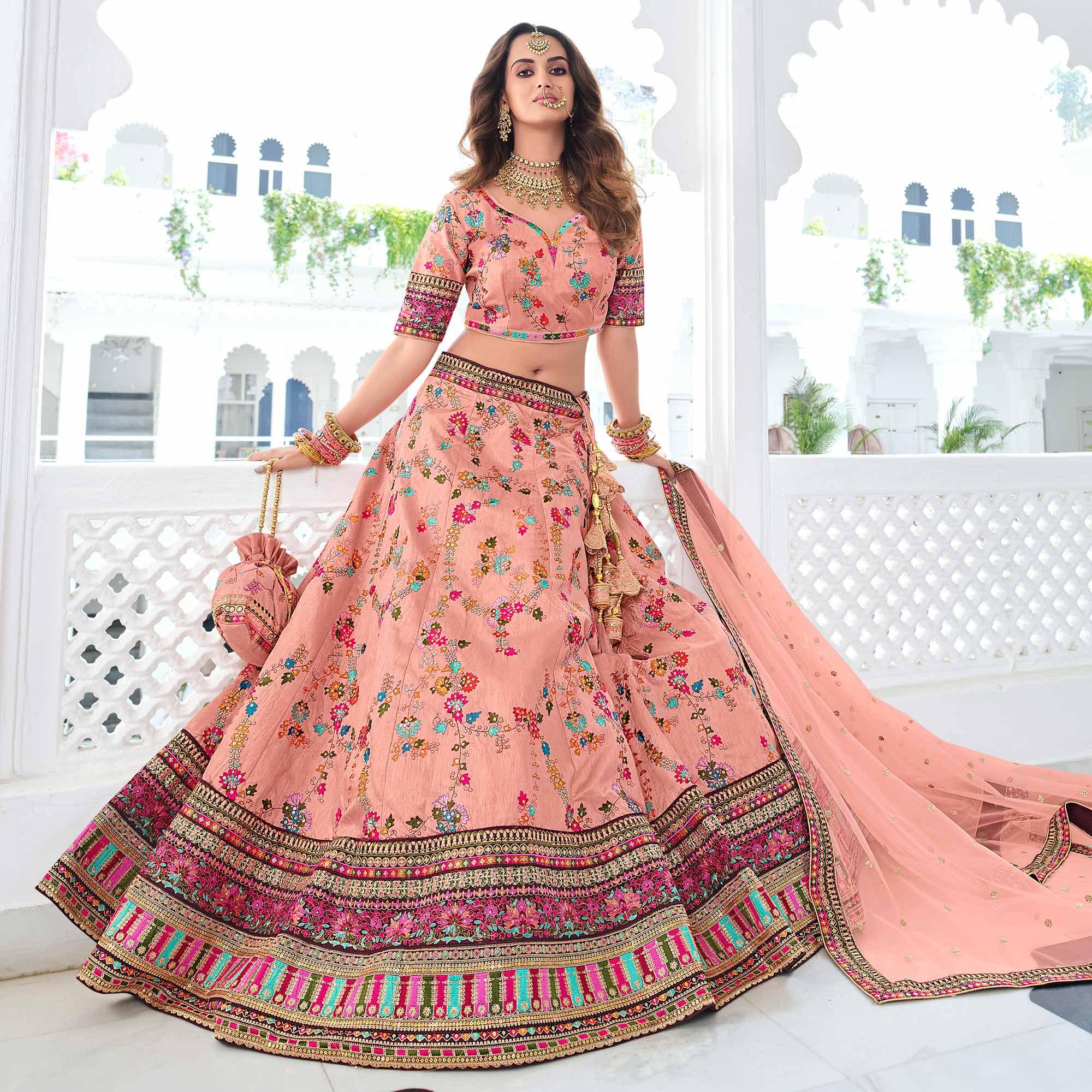 Pink Wedding Wear Sequence Floral Embroidered Silk Lehenga Choli - Peachmode