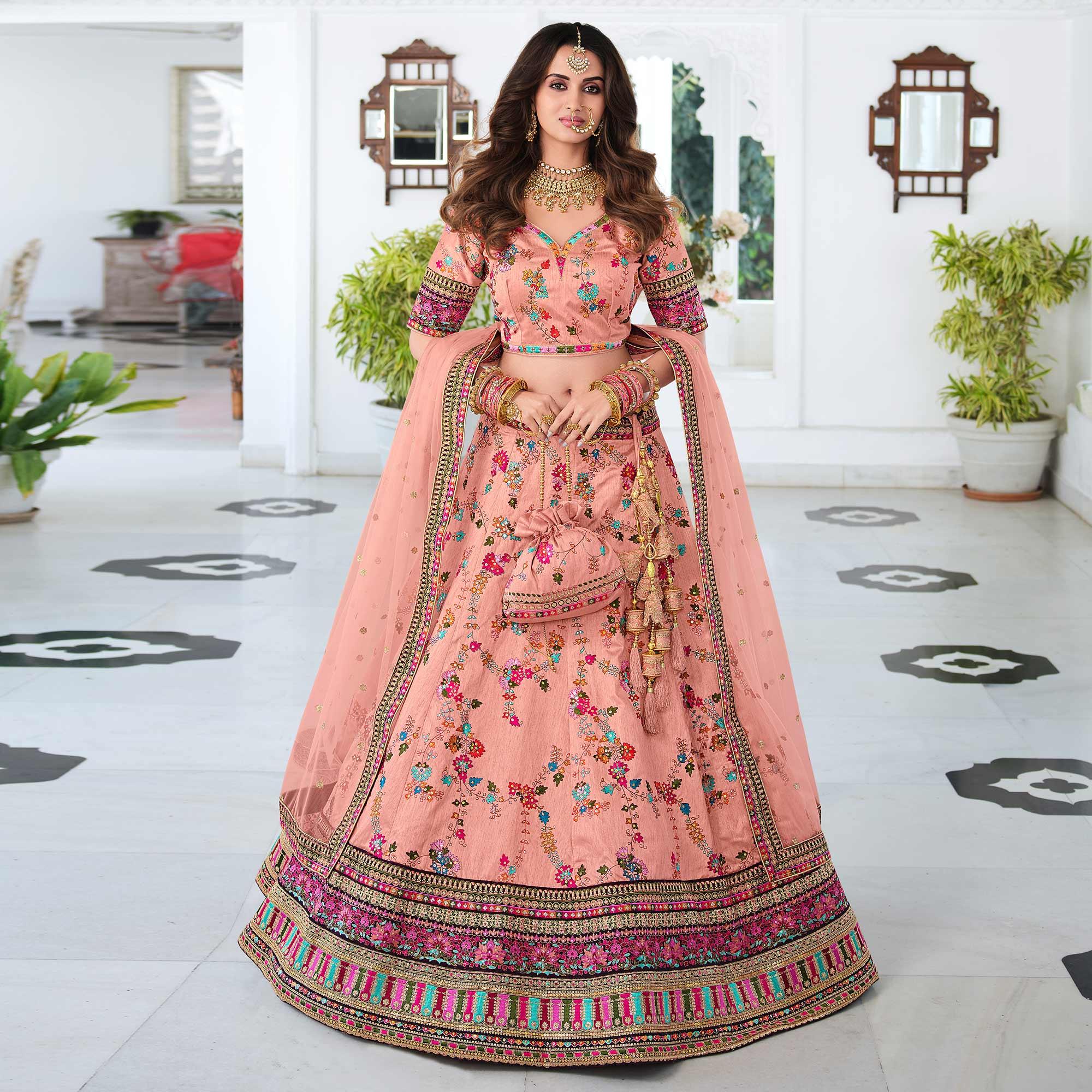 Pink Wedding Wear Sequence Floral Embroidered Silk Lehenga Choli - Peachmode
