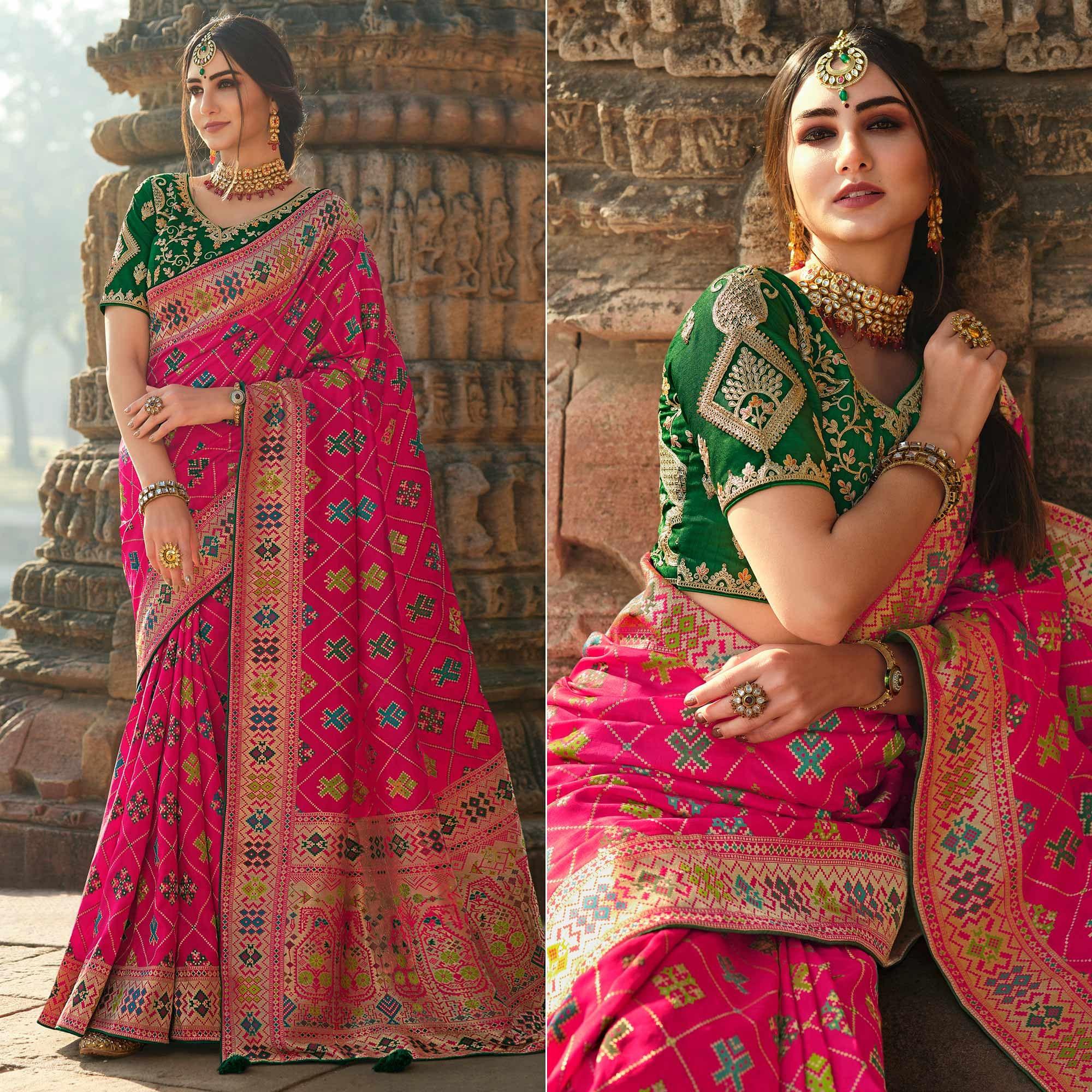 Pink Wedding Wear Woven Silk Saree With Tassels - Peachmode