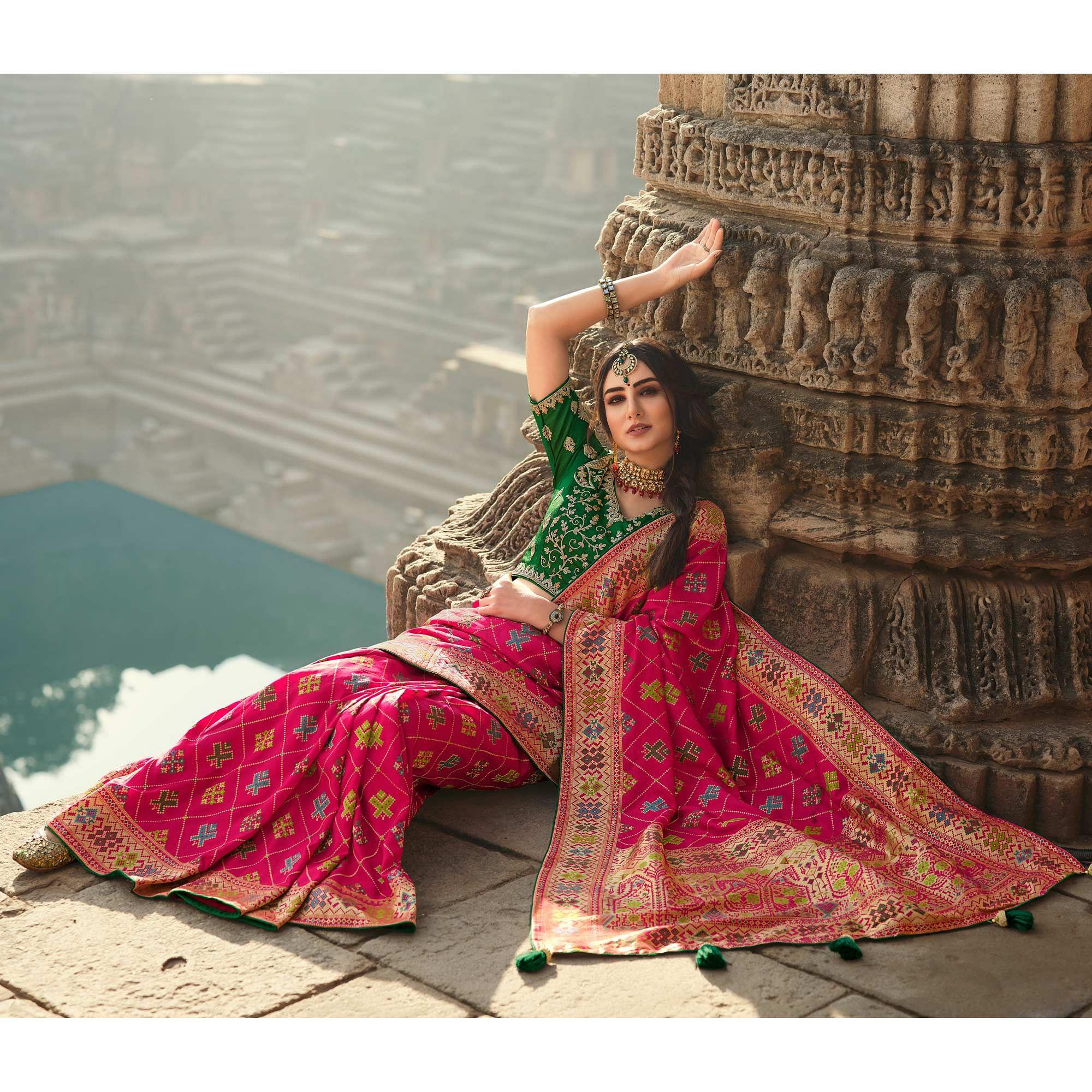 Pink Wedding Wear Woven Silk Saree With Tassels - Peachmode