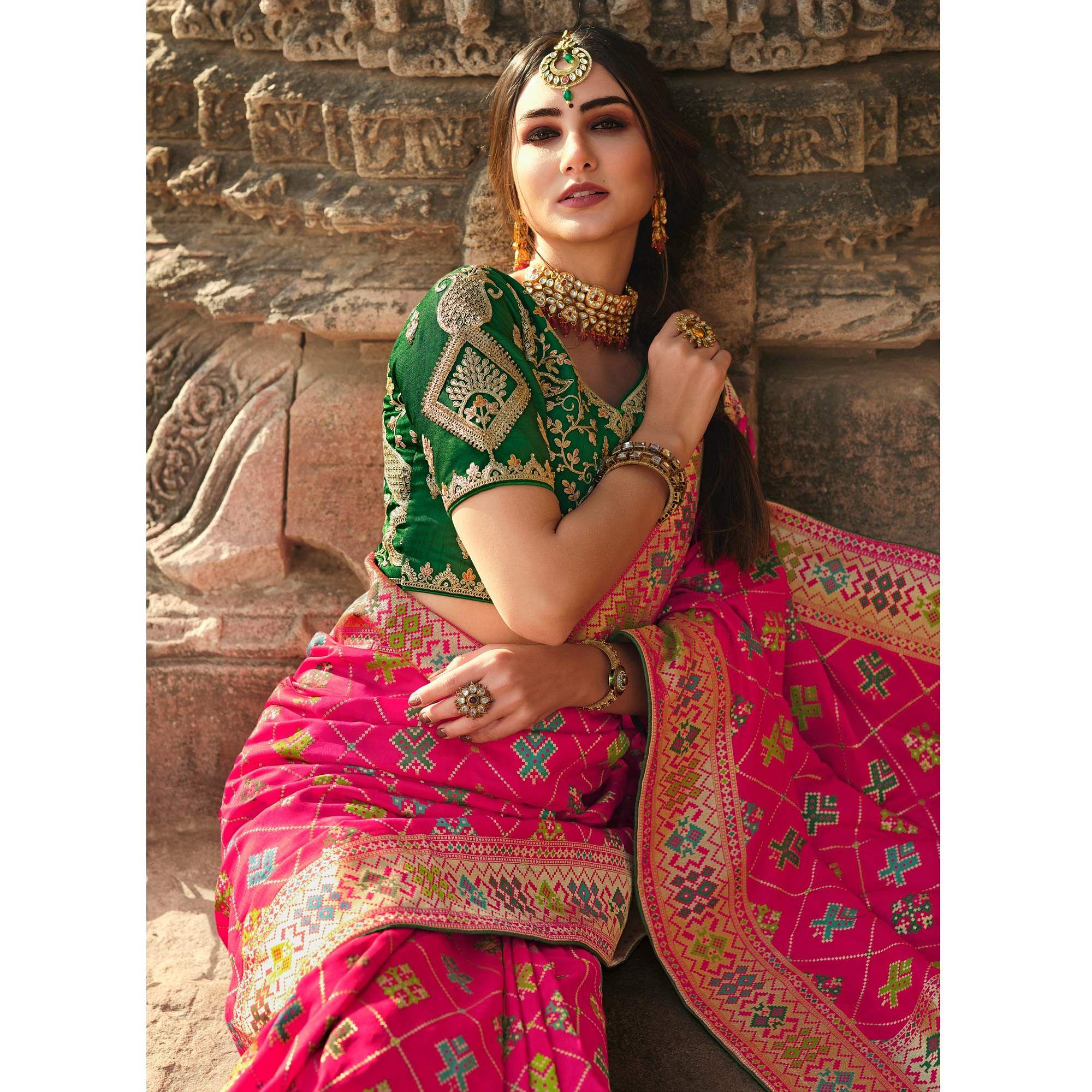 Pink Wedding Wear Woven Silk Saree With Tassels - Peachmode