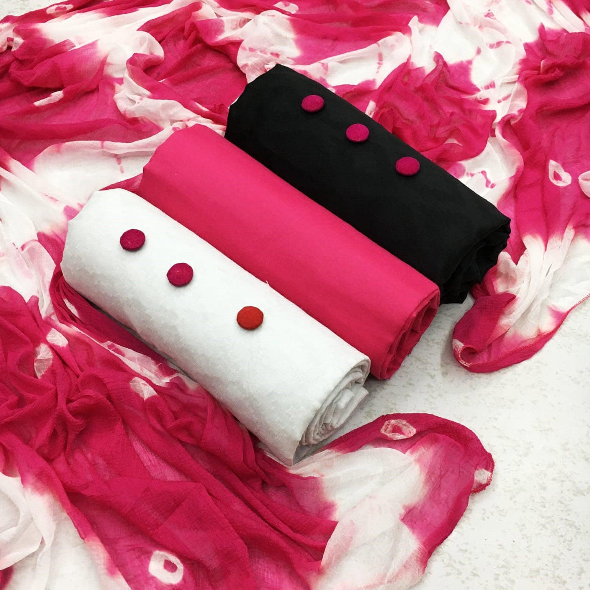 Pink - White - Black Printed Double Top Cotton Dress Material - Peachmode