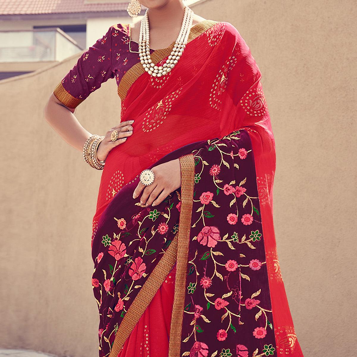 Pink - Wine Floral Embroidered With Foil Printed Chiffon Half & Half Saree - Peachmode