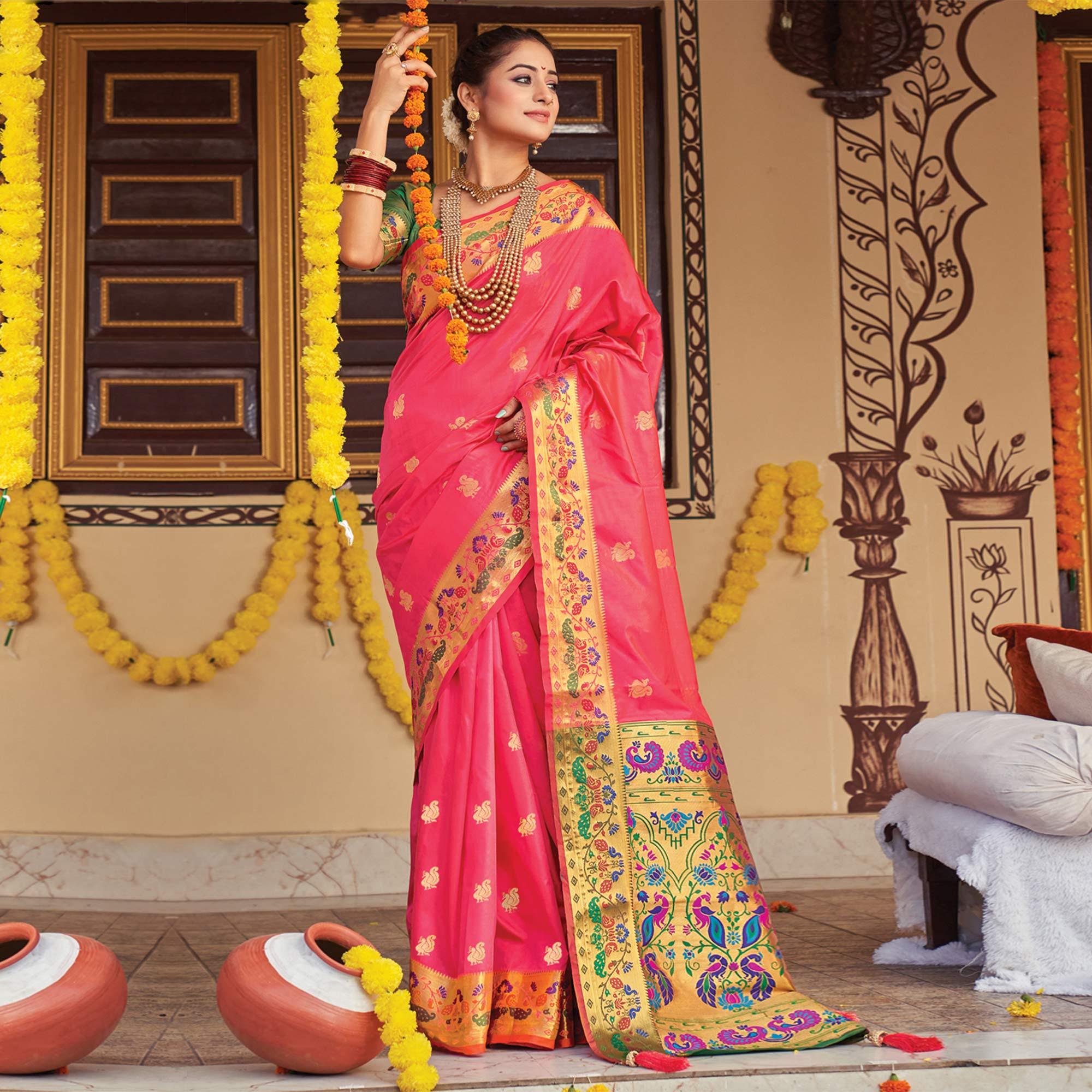 Pink Woven Art Silk Paithani Saree With Tassels - Peachmode