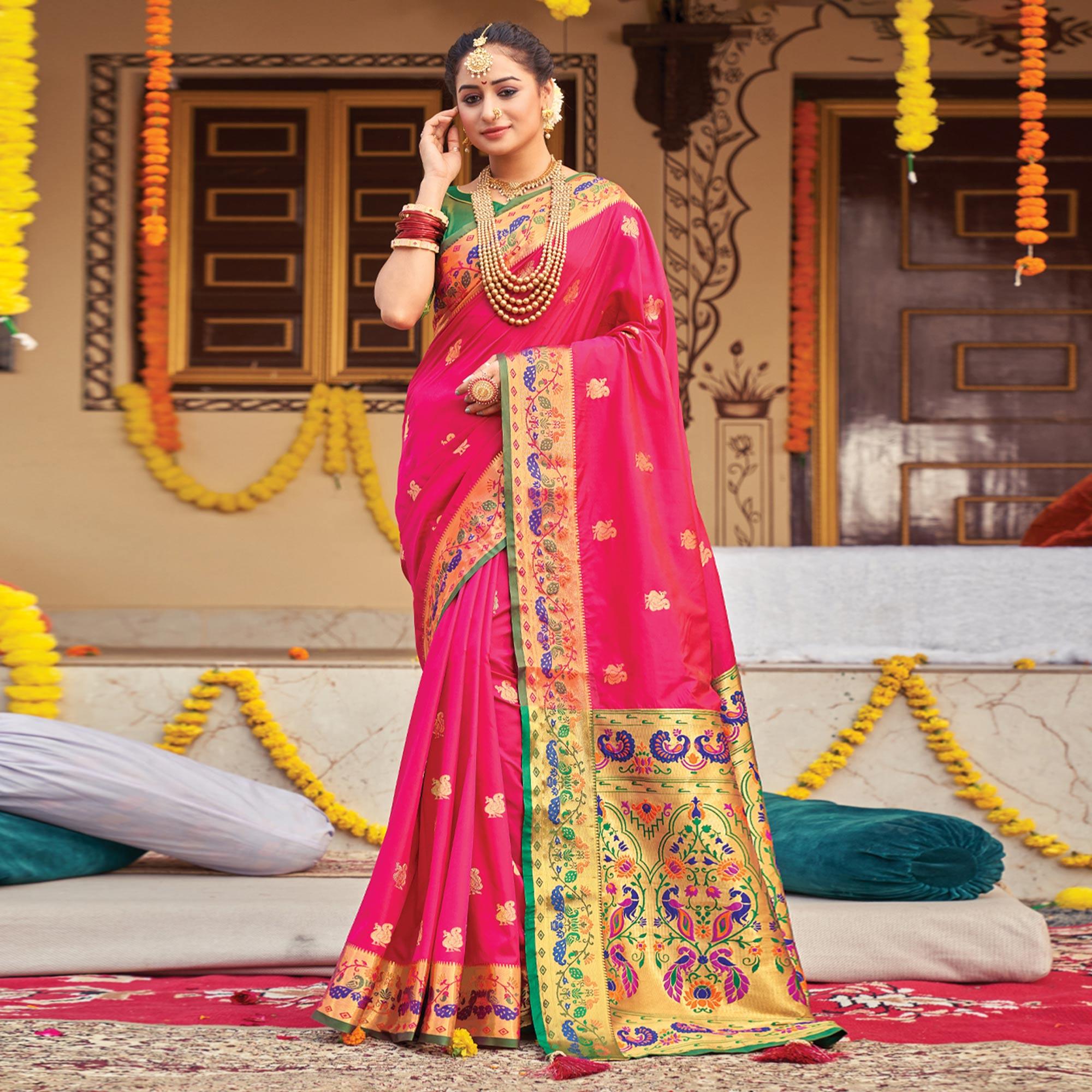Pink Woven Art Silk Paithani Saree With Tassels - Peachmode