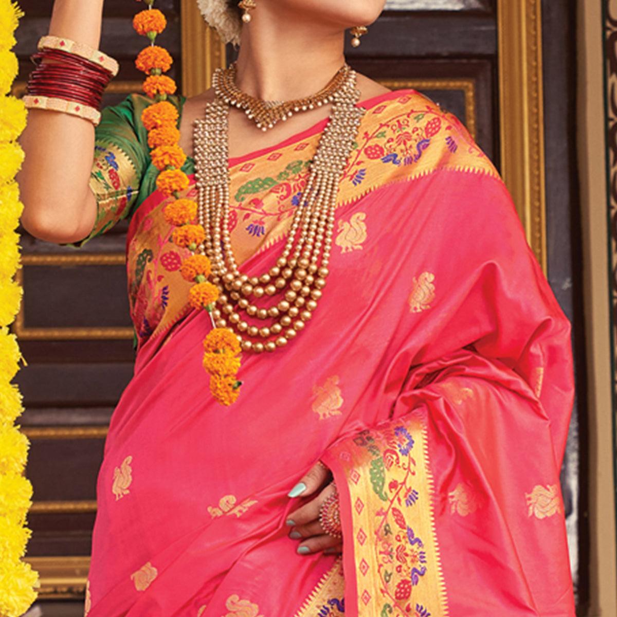 Pink Woven Art Silk Paithani Saree With Tassels - Peachmode