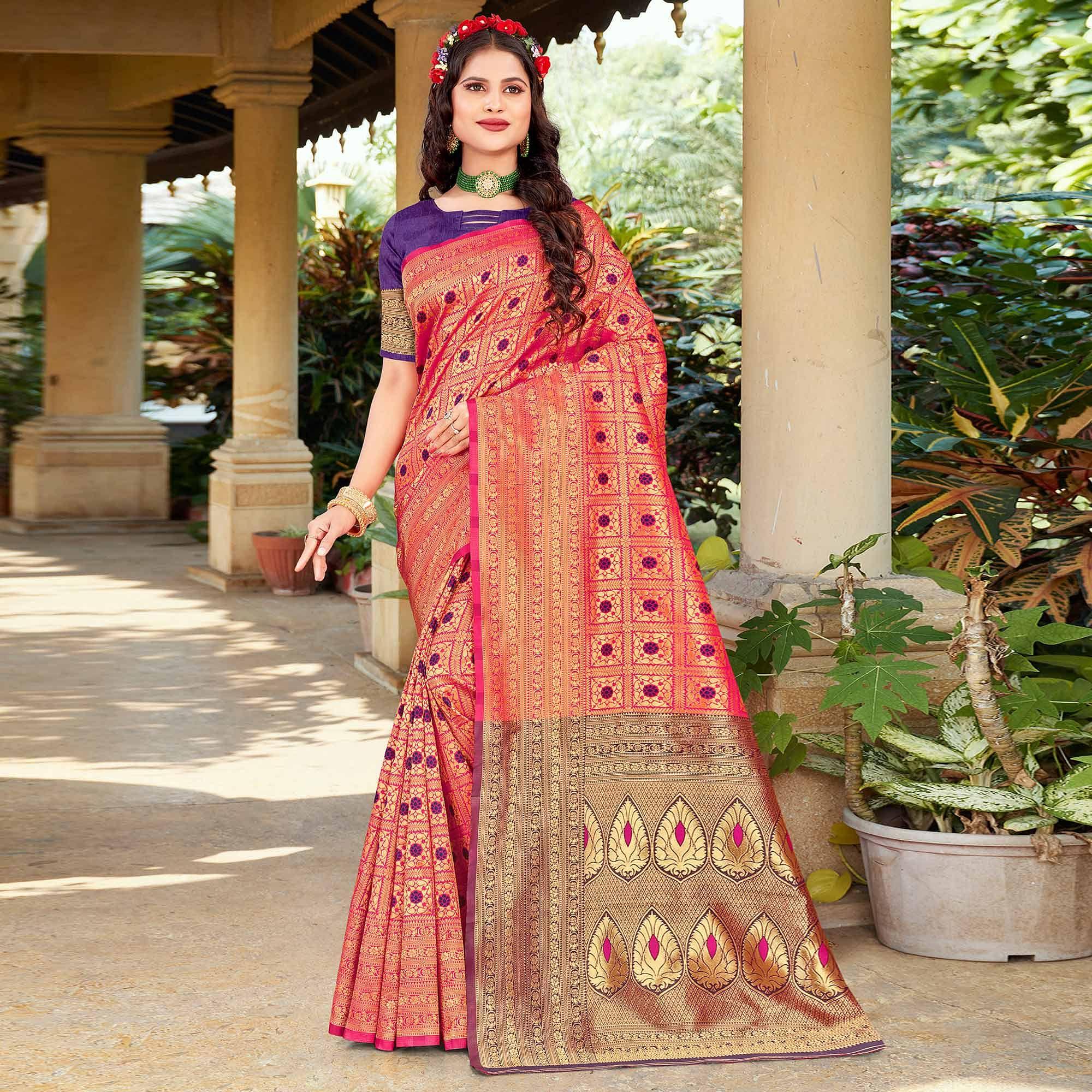 Pink Woven Art Silk Saree - Peachmode