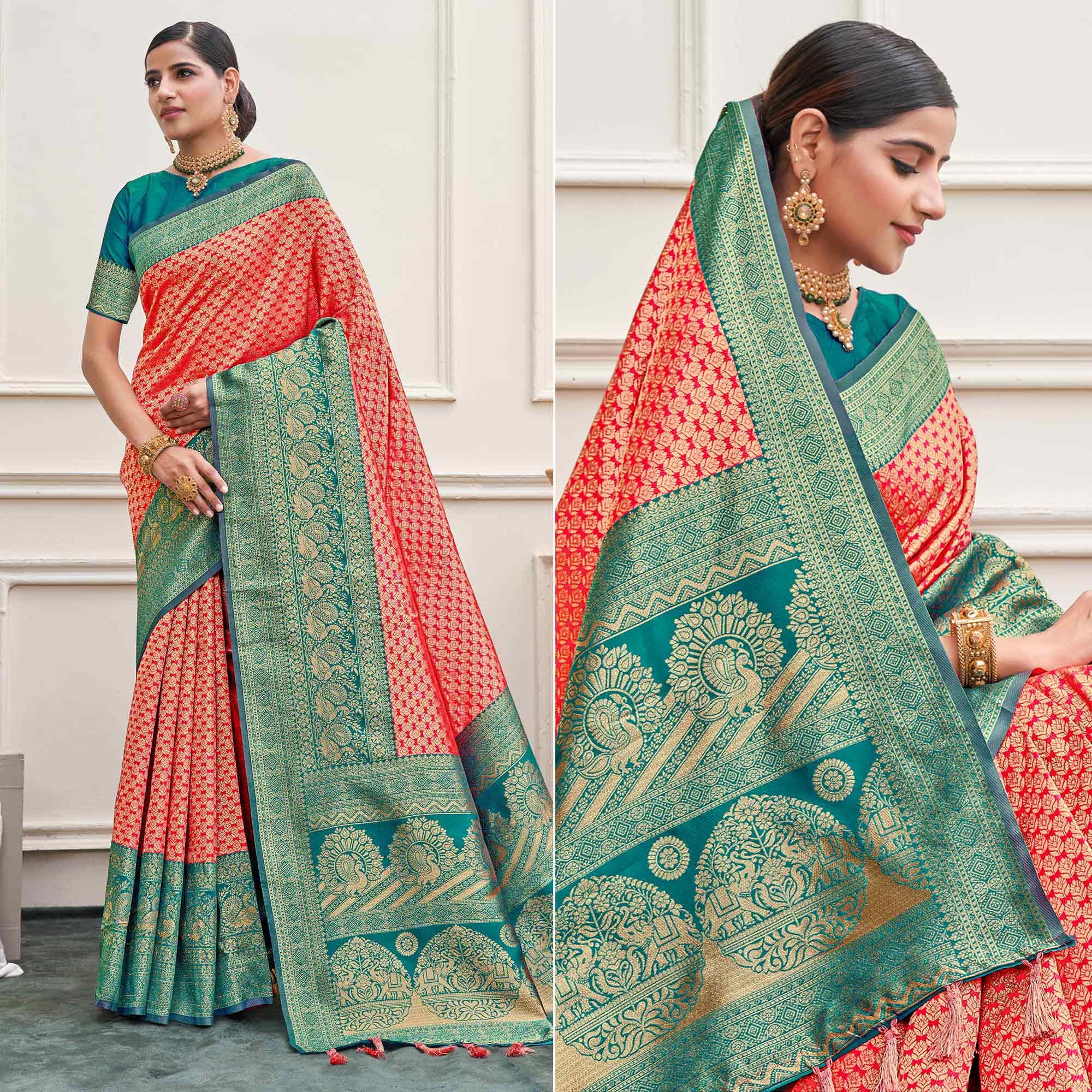 Pink Woven Art Silk Saree - Peachmode