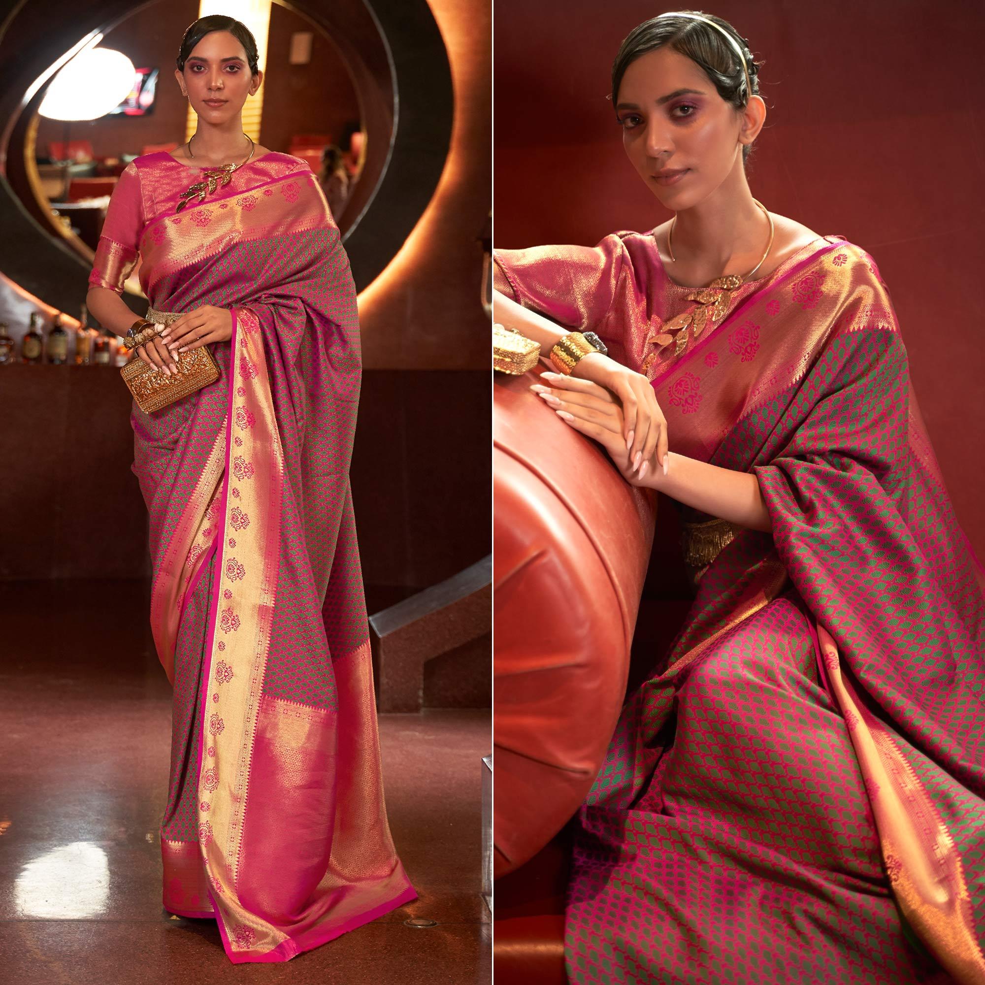 Pink Woven Art Silk Saree - Peachmode