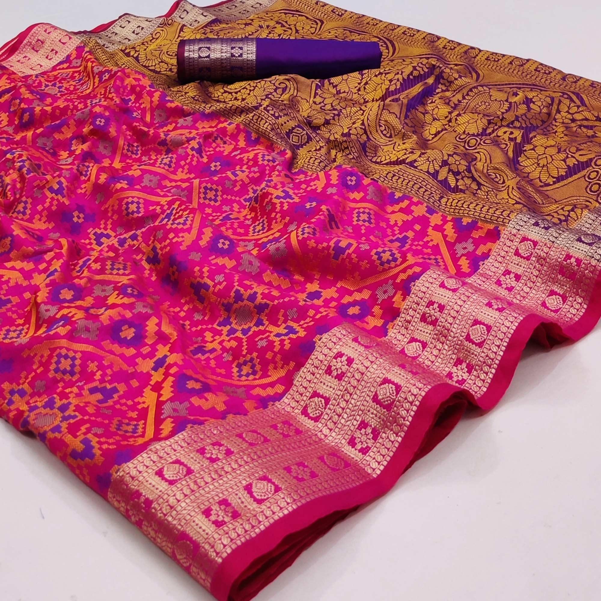 Pink Woven Art Silk Saree - Peachmode