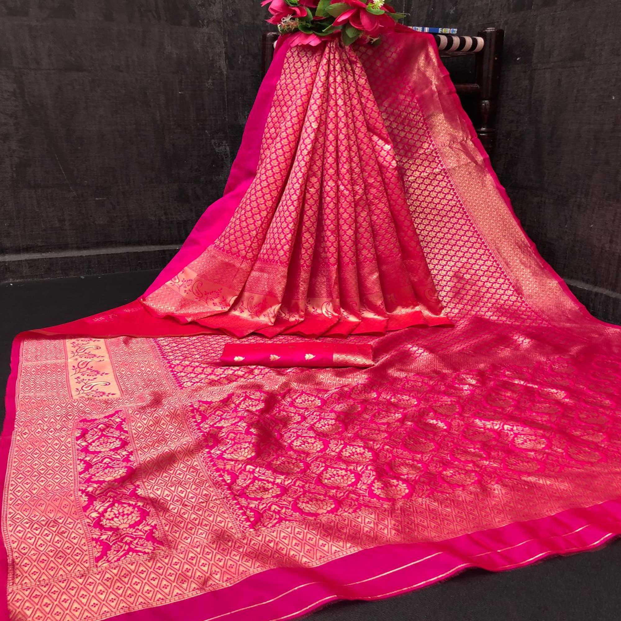 Pink Woven Art Silk Saree - Peachmode