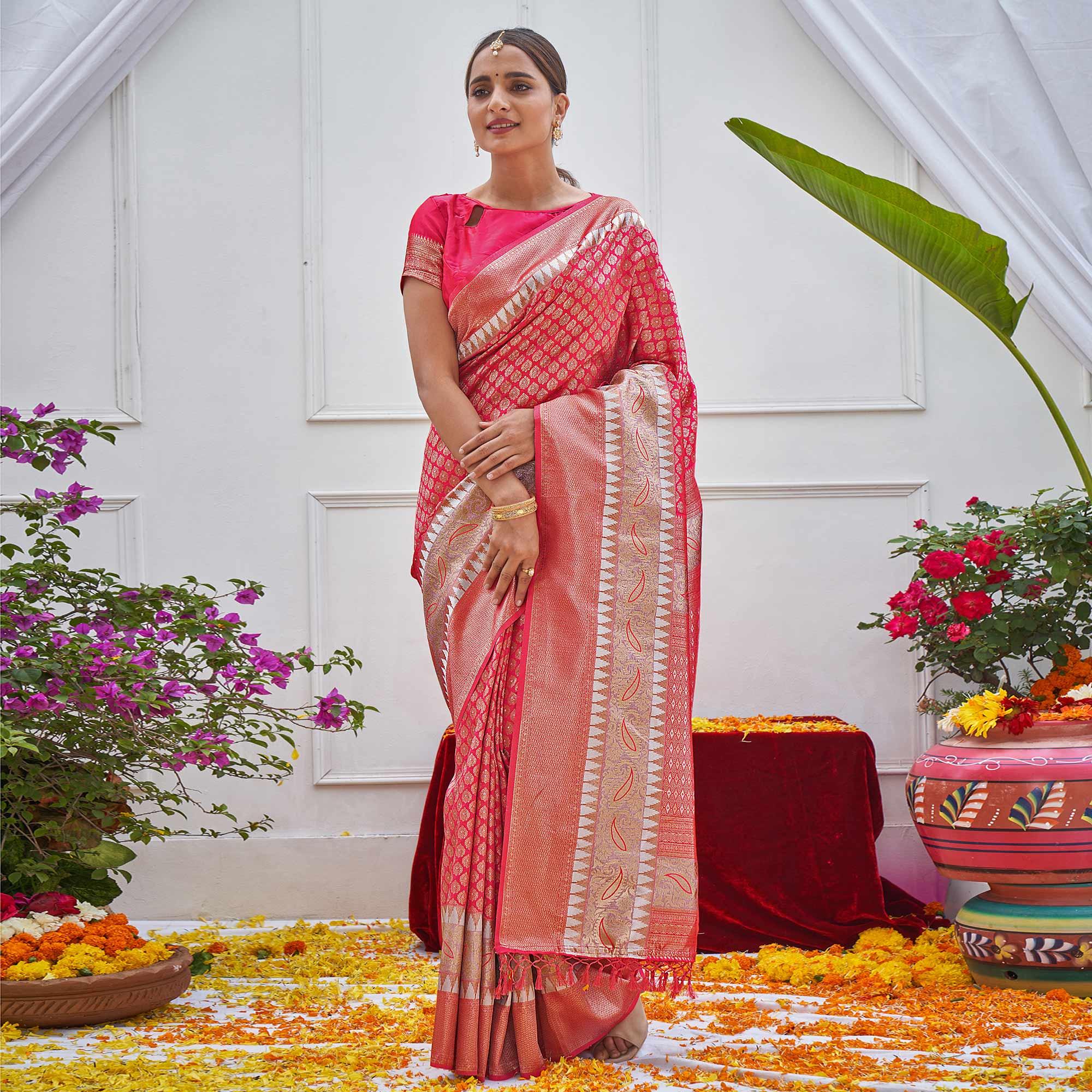 Pink Woven Art Silk Saree - Peachmode