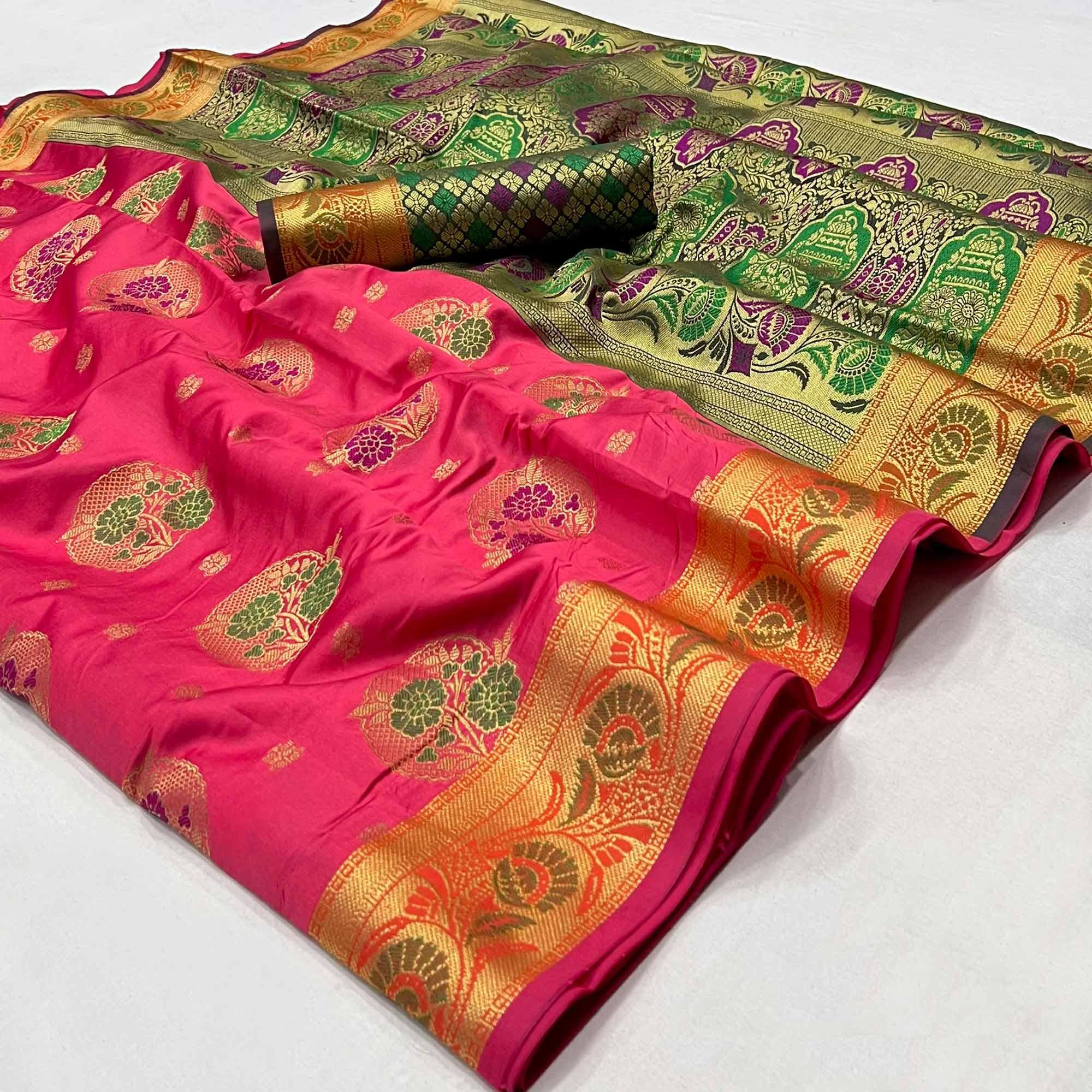 Pink Woven Art Silk Saree - Peachmode