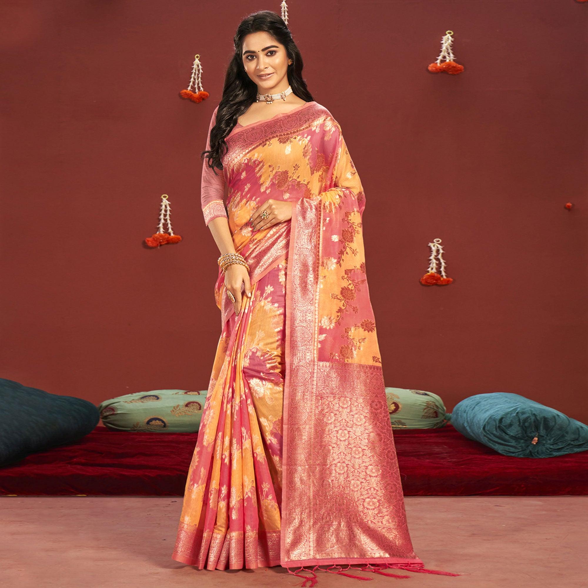 Pink Woven Art Silk Saree - Peachmode