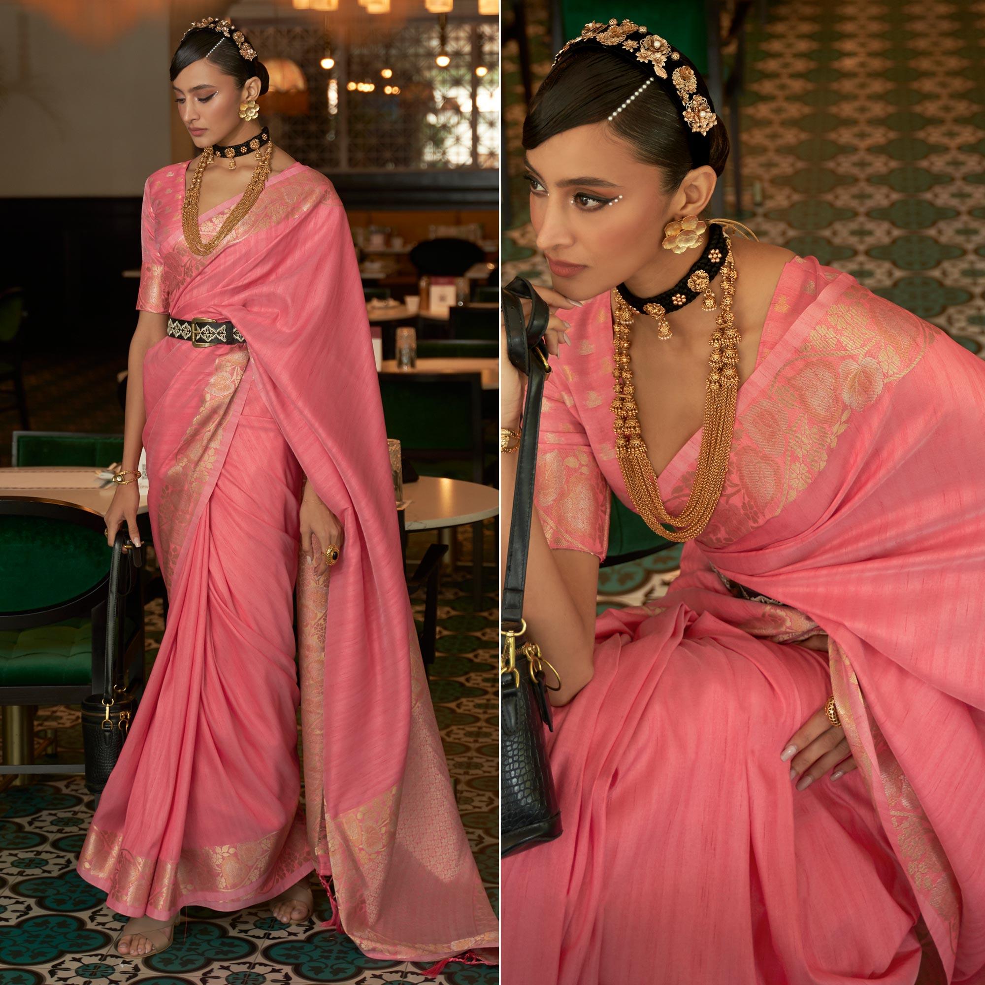Pink Woven Art Silk Saree - Peachmode