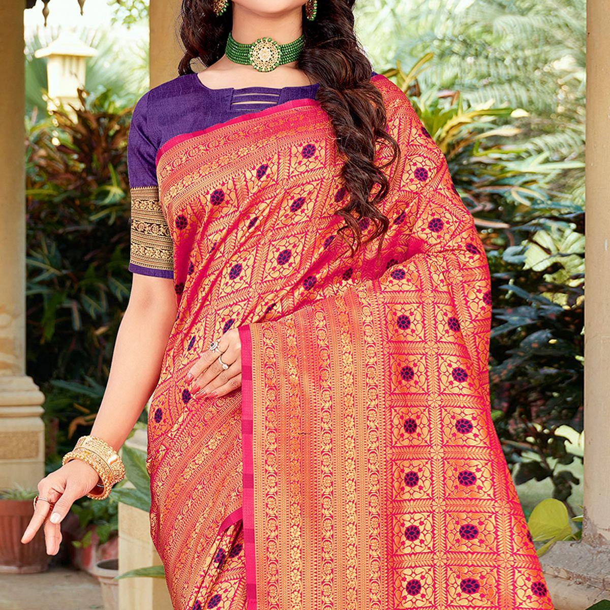 Pink Woven Art Silk Saree - Peachmode