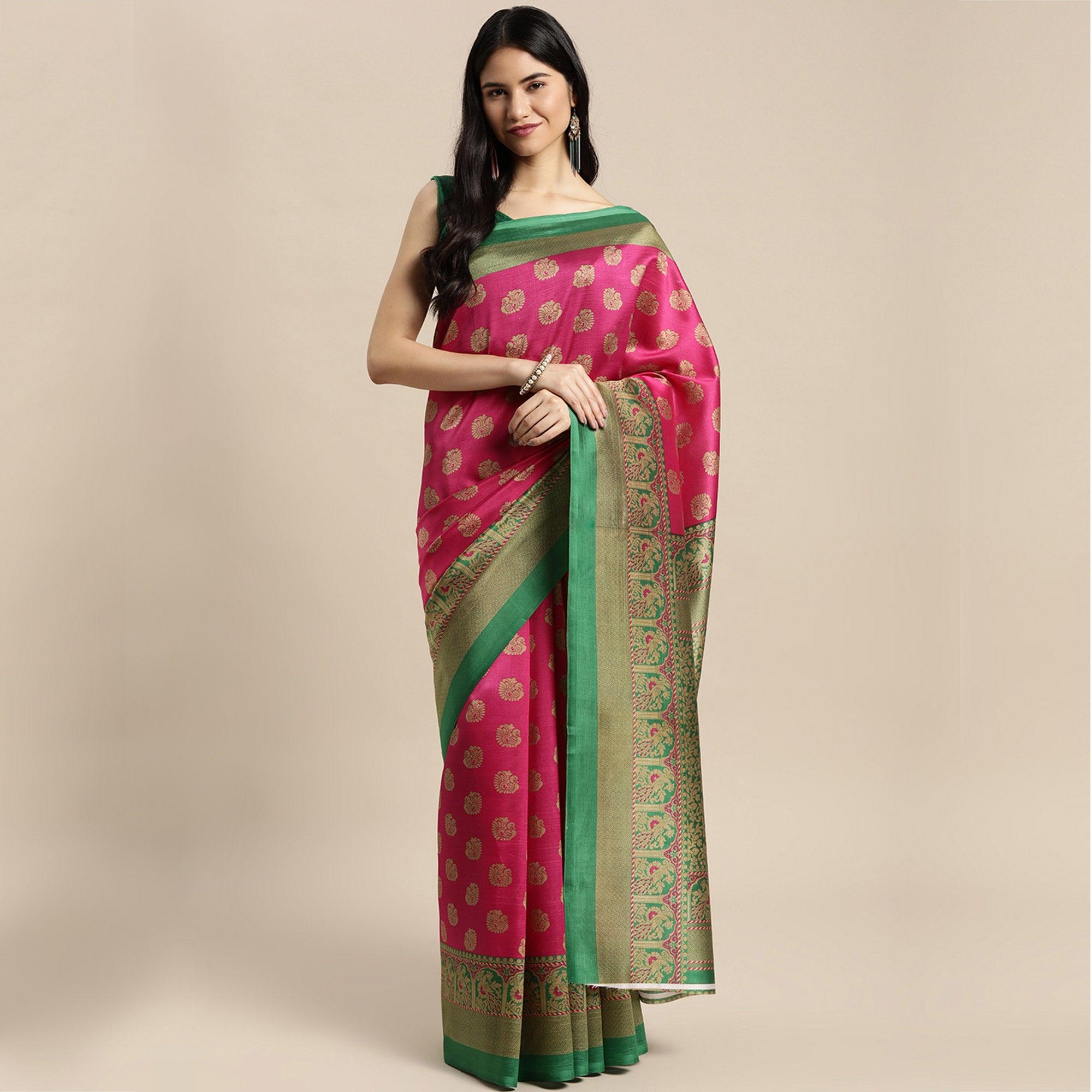 Pink Woven Art Silk Saree - Peachmode