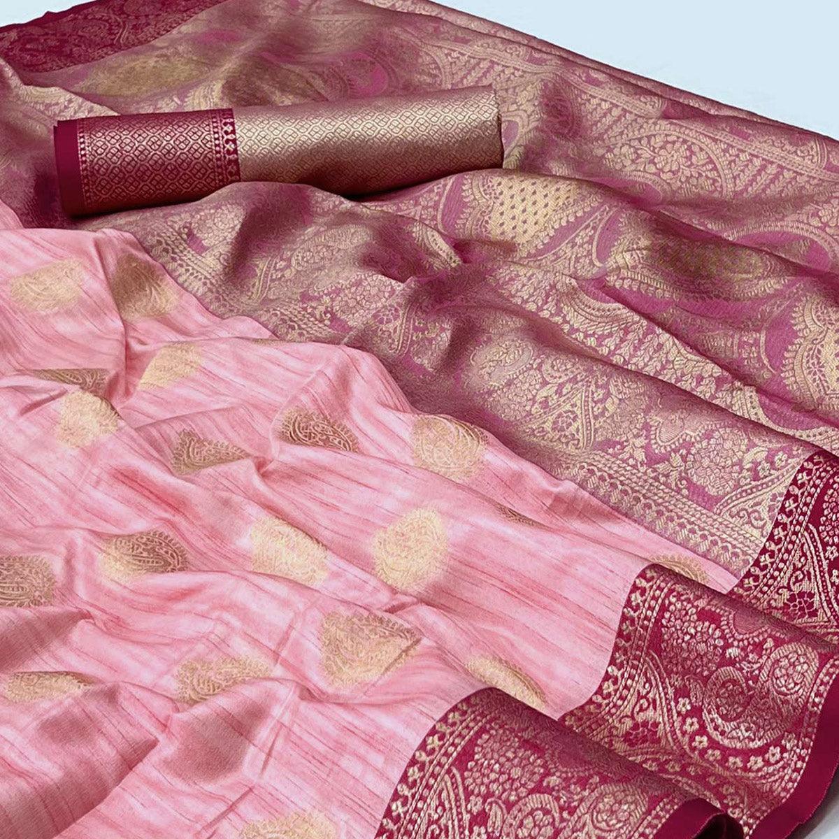Pink Woven Art Silk Saree - Peachmode