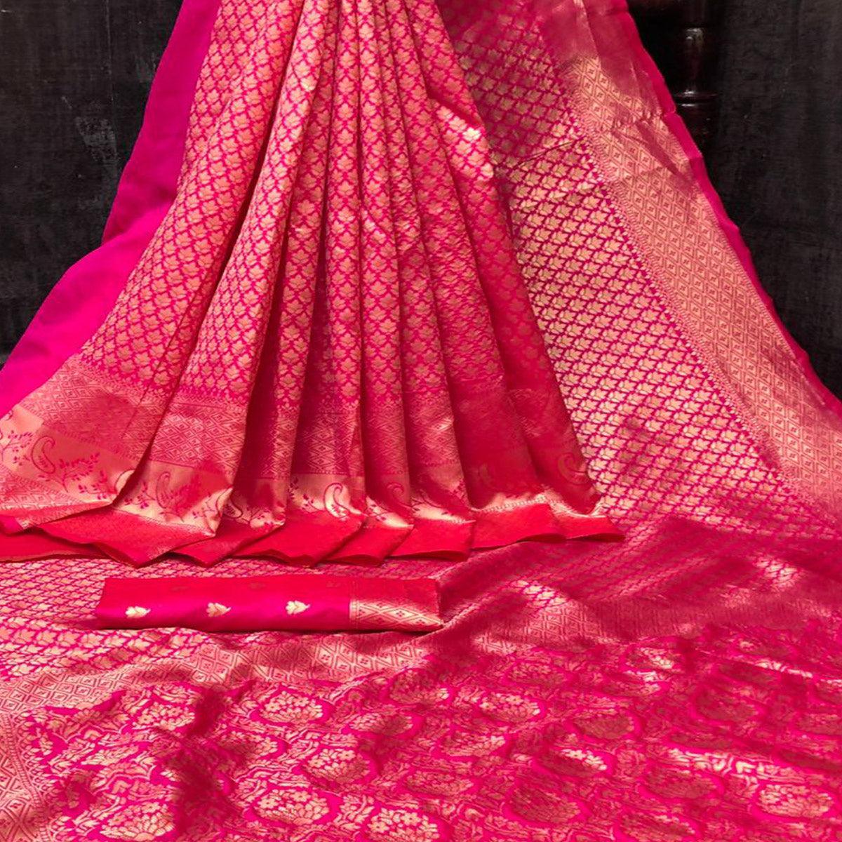 Pink Woven Art Silk Saree - Peachmode