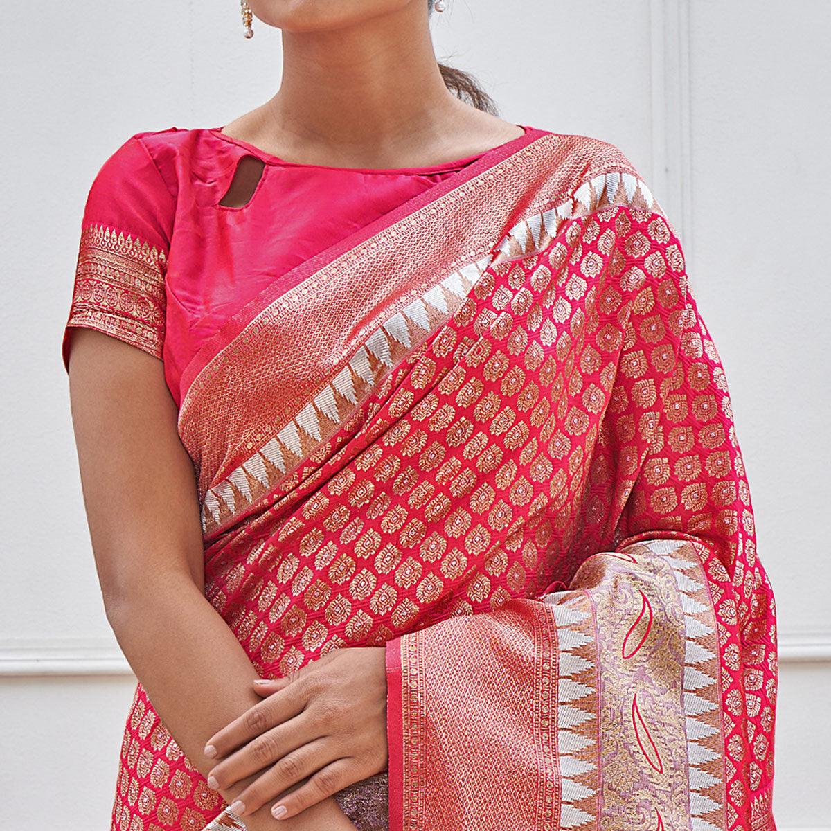Pink Woven Art Silk Saree - Peachmode
