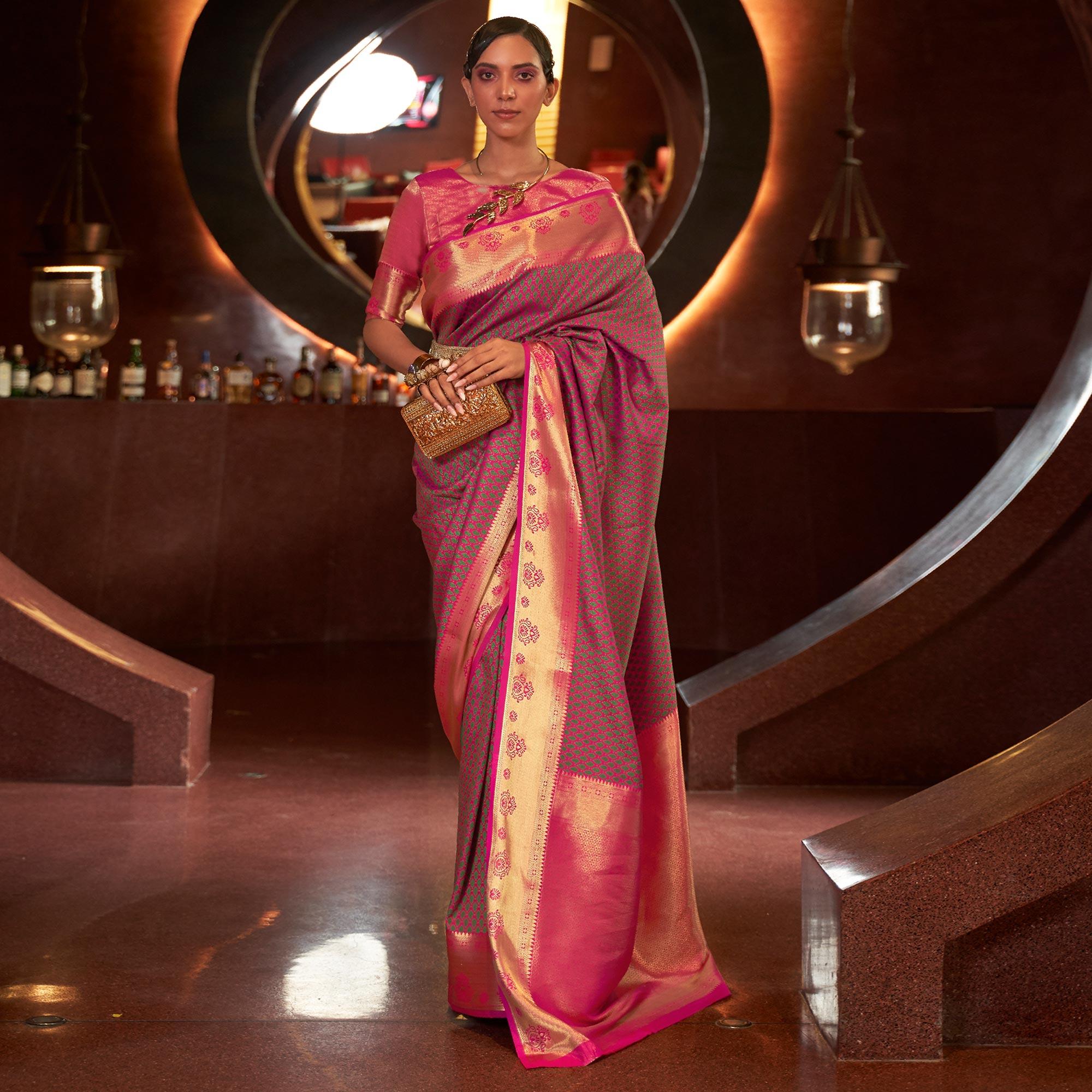 Pink Woven Art Silk Saree - Peachmode