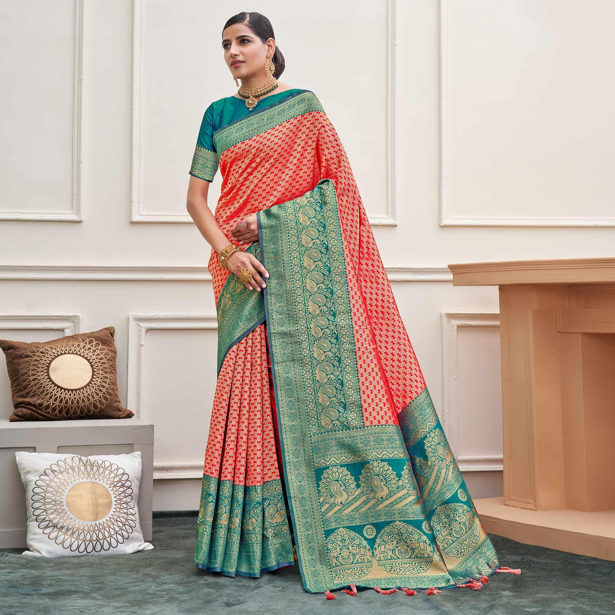 Pink Woven Art Silk Saree - Peachmode