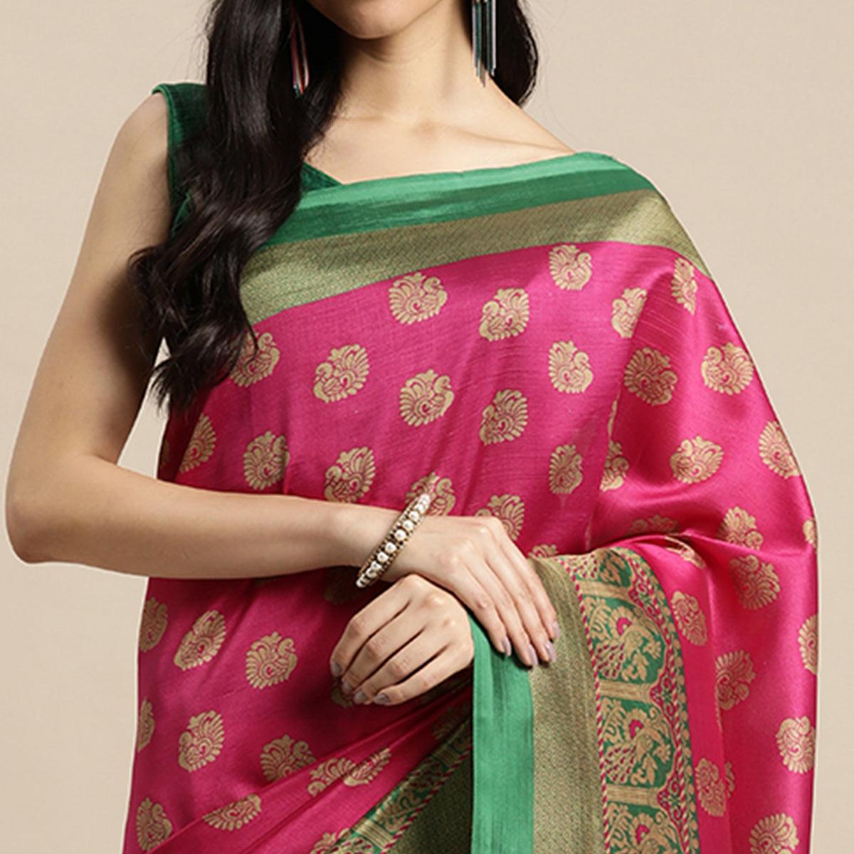 Pink Woven Art Silk Saree - Peachmode