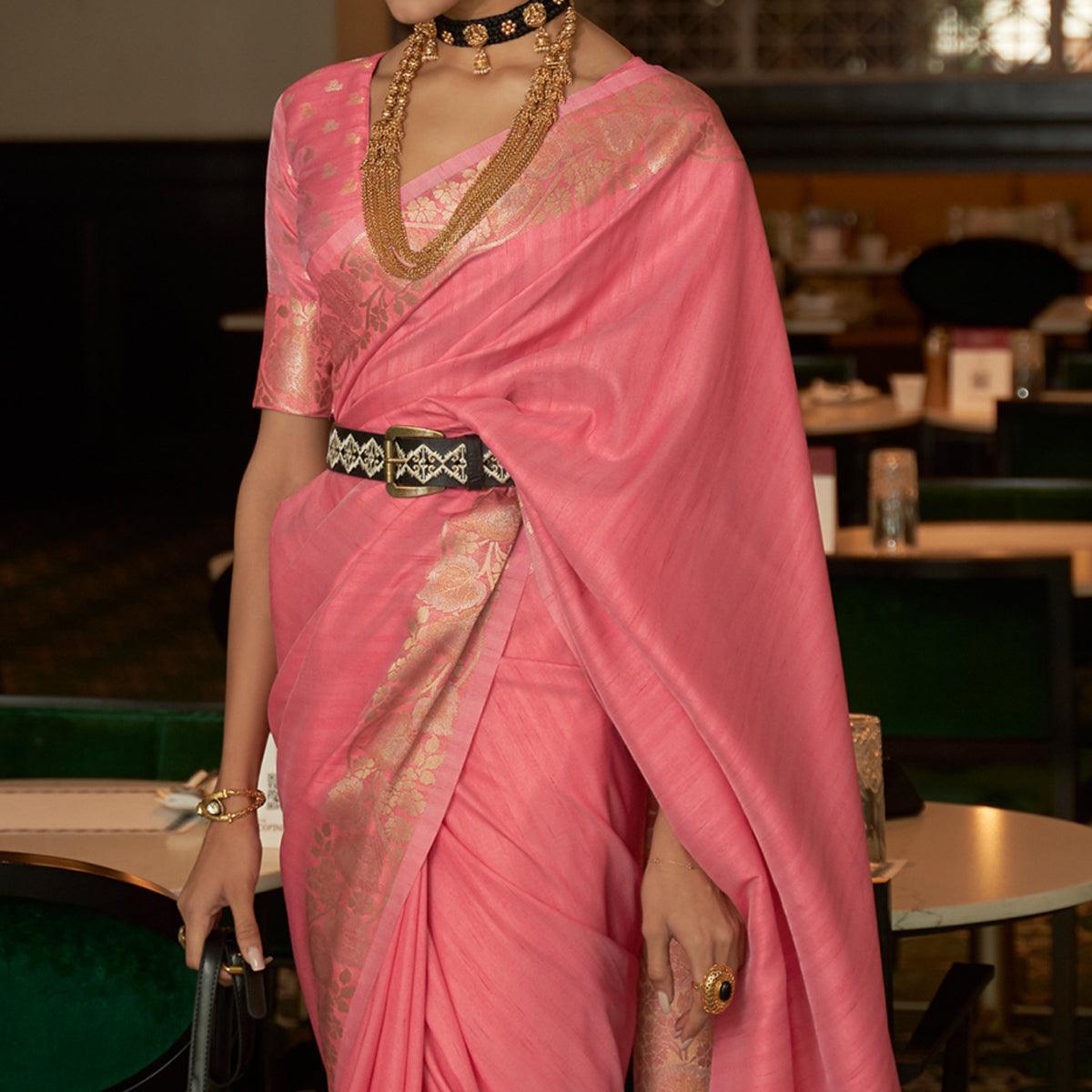 Pink Woven Art Silk Saree - Peachmode