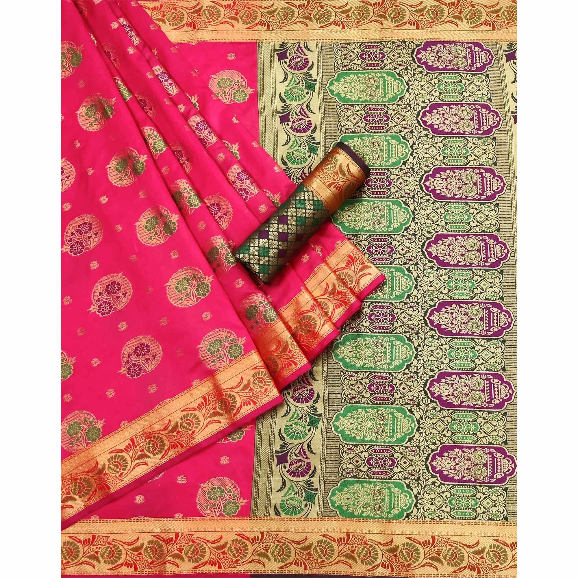 Pink Woven Art Silk Saree - Peachmode