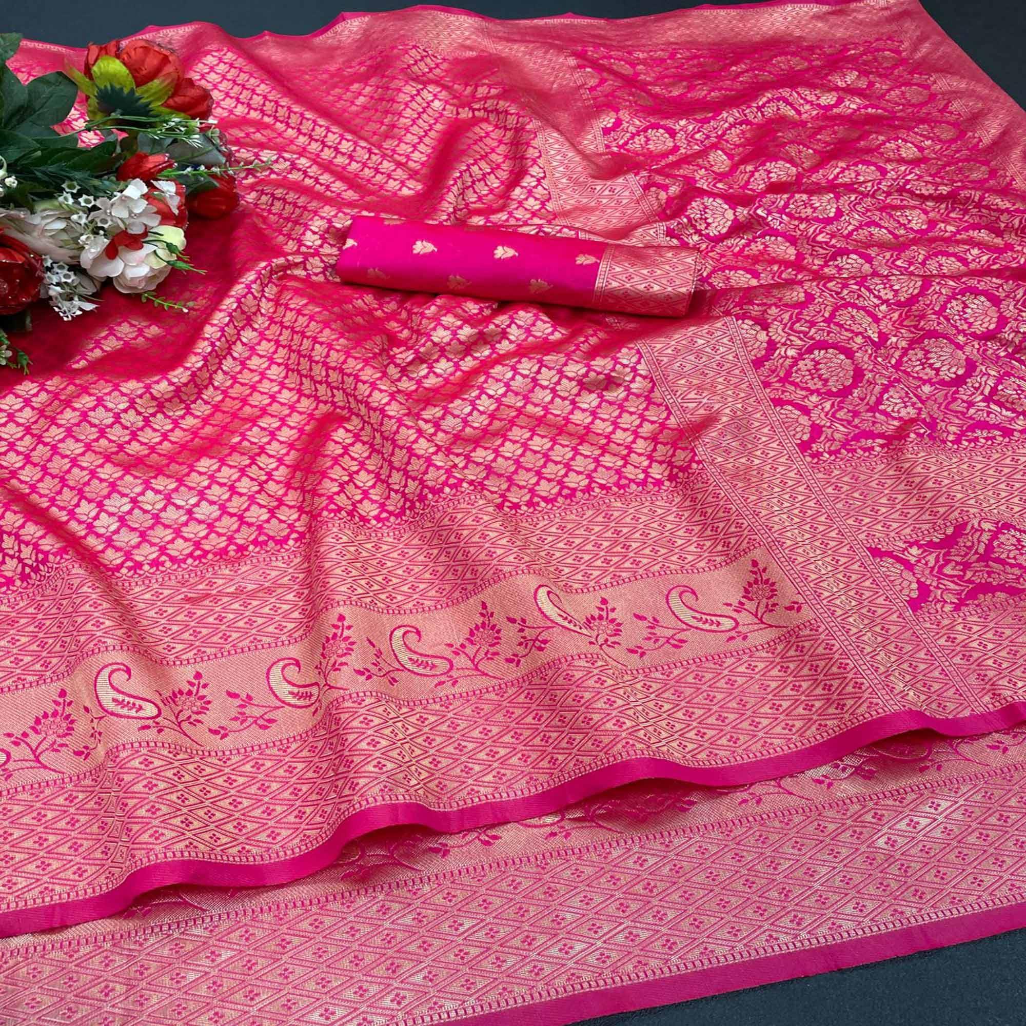 Pink Woven Art Silk Saree - Peachmode