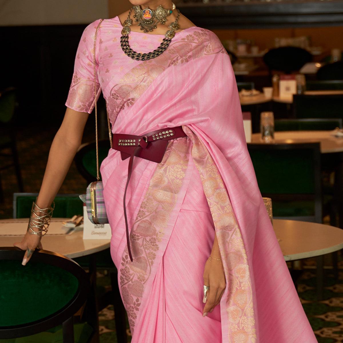 Pink Woven Art Silk Saree - Peachmode