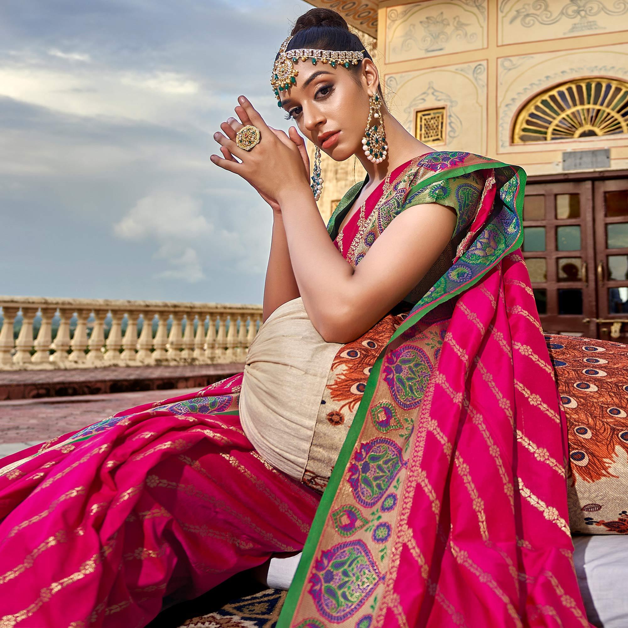 Pink Woven Art Silk Saree - Peachmode