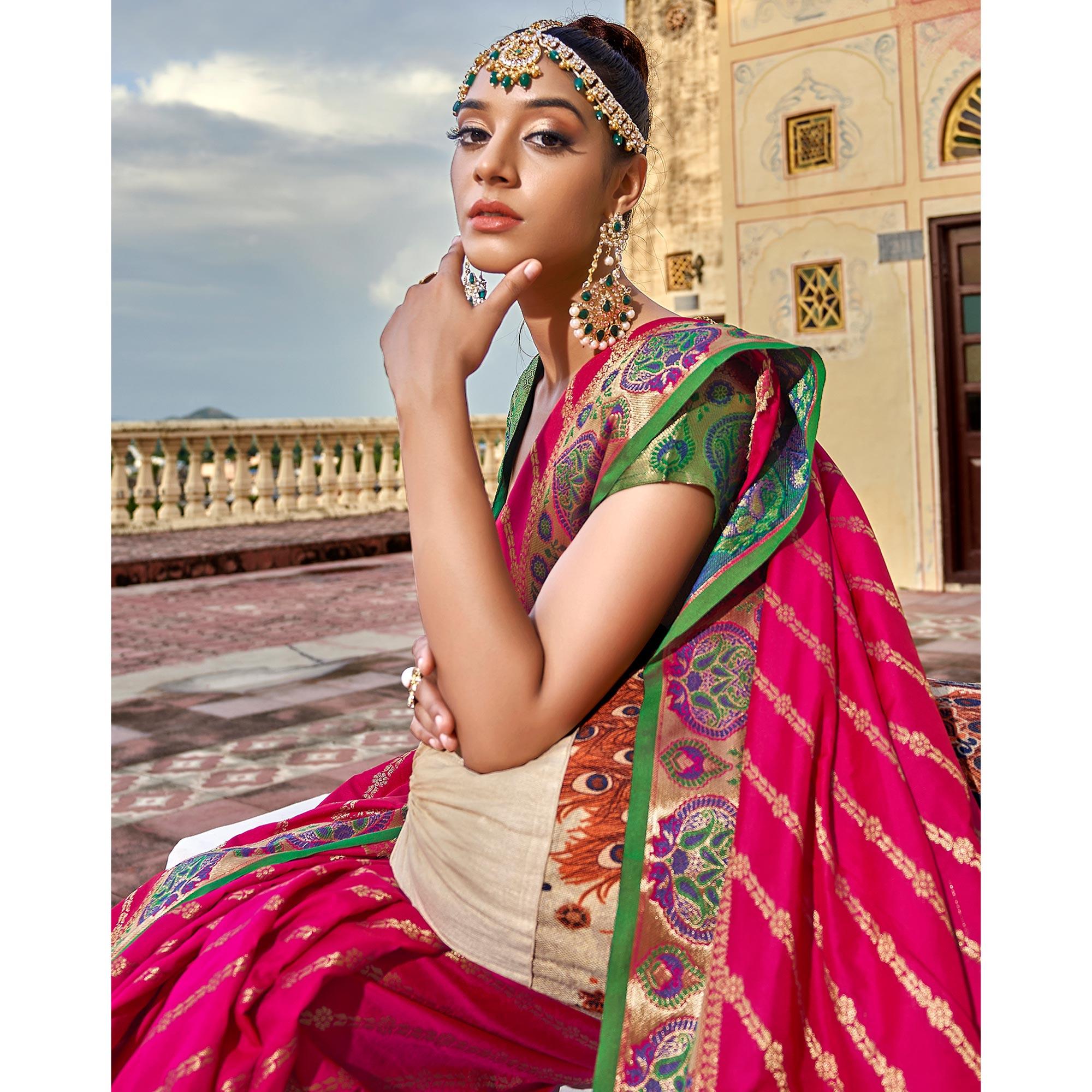 Pink Woven Art Silk Saree - Peachmode