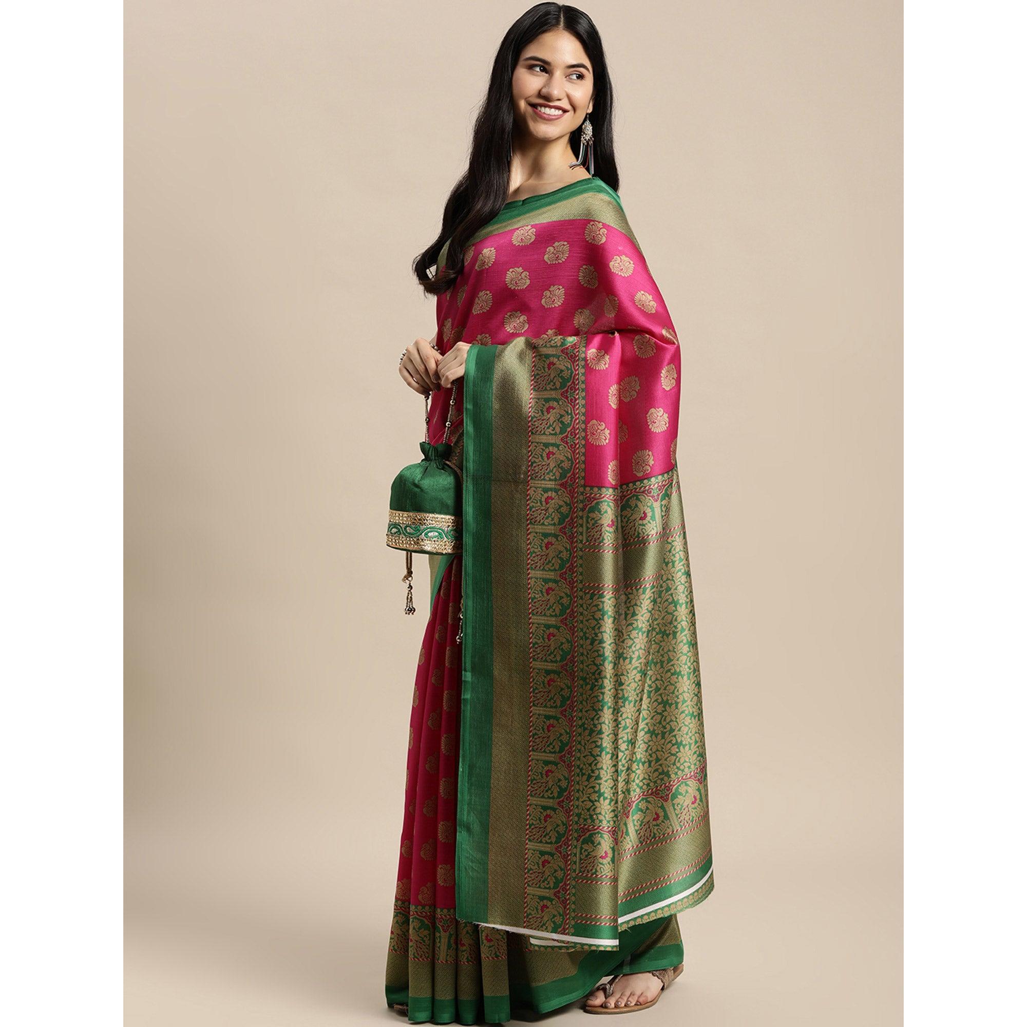 Pink Woven Art Silk Saree - Peachmode