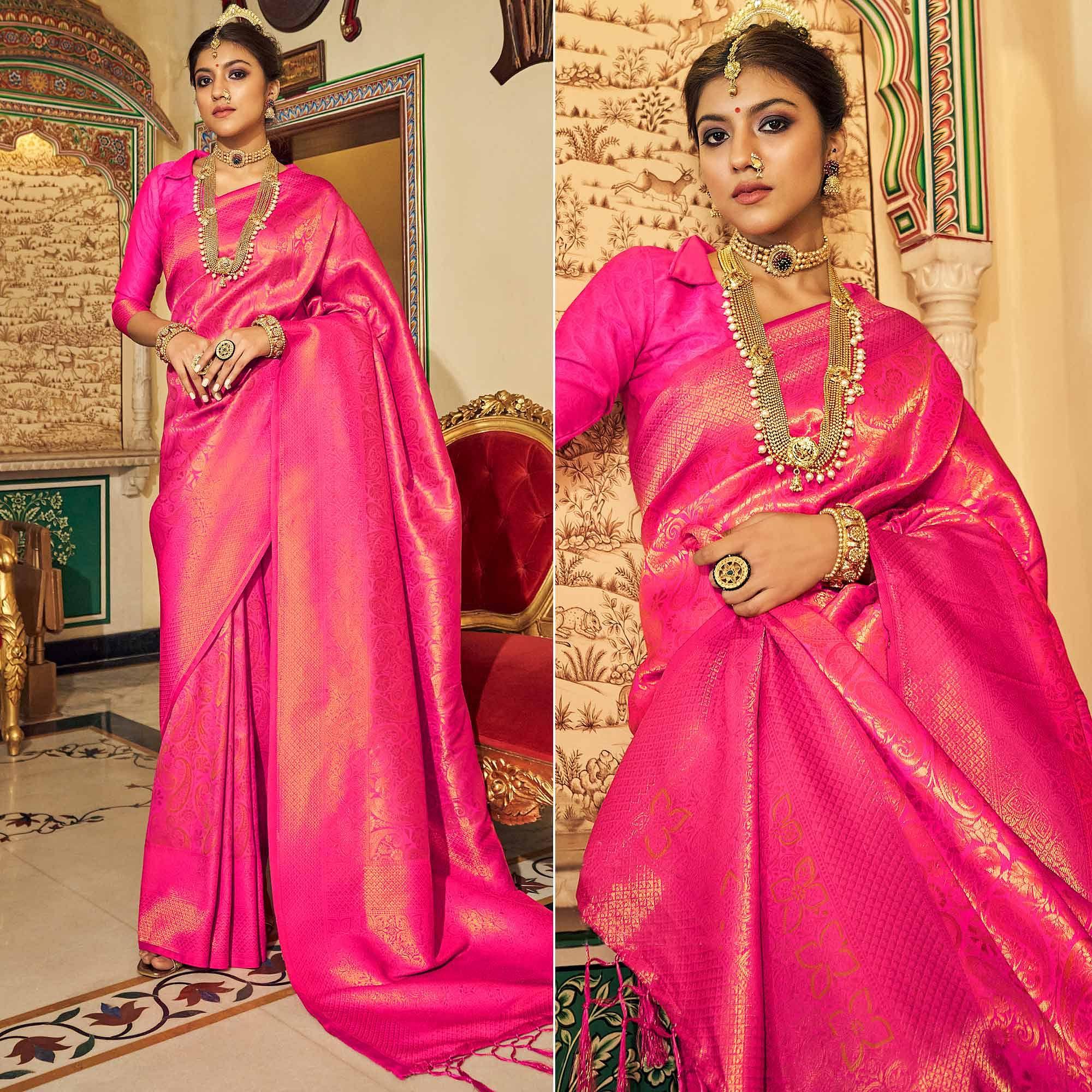Pink Woven Art Silk Saree With Tassels - Peachmode