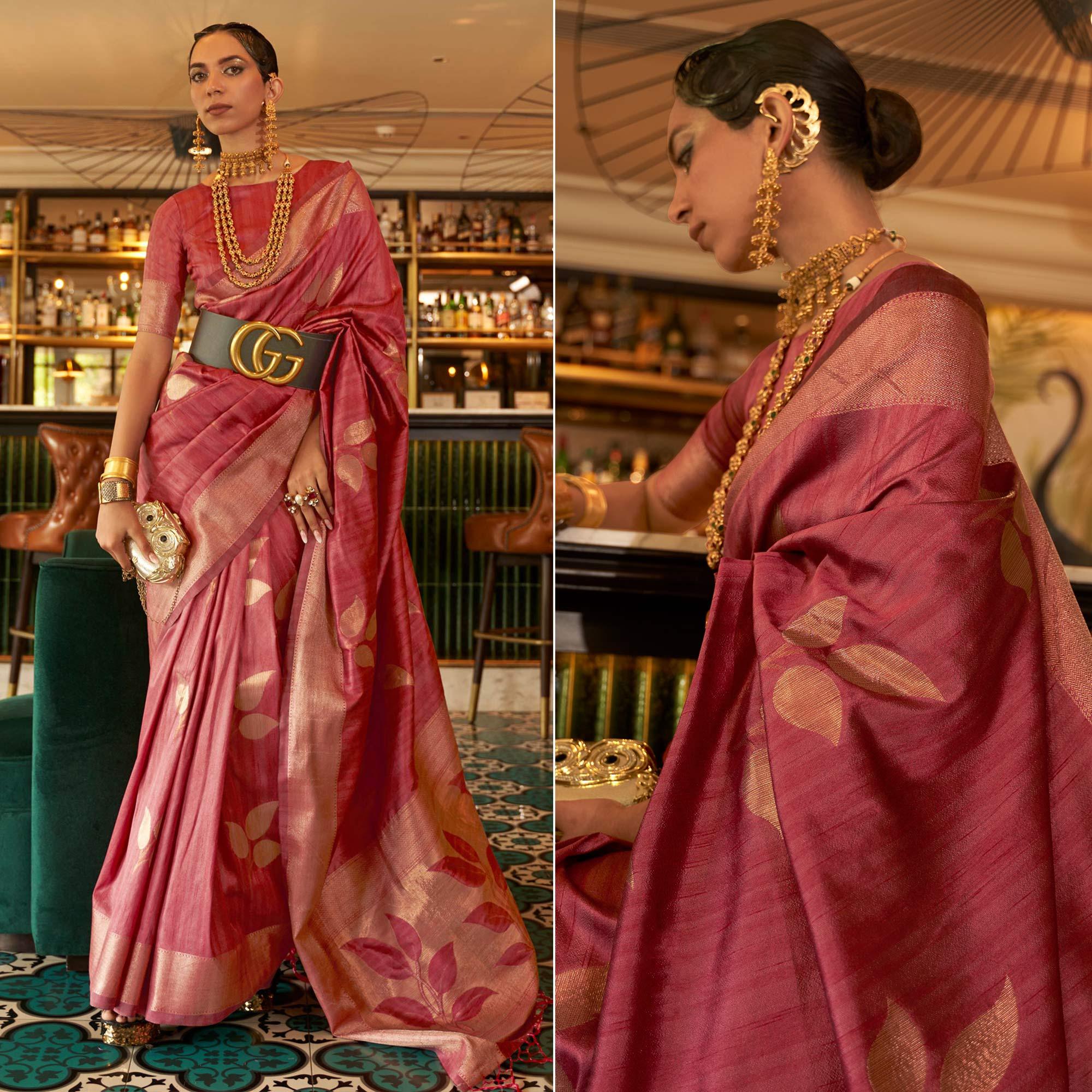 Pink Woven Art Silk Saree With Tassels - Peachmode